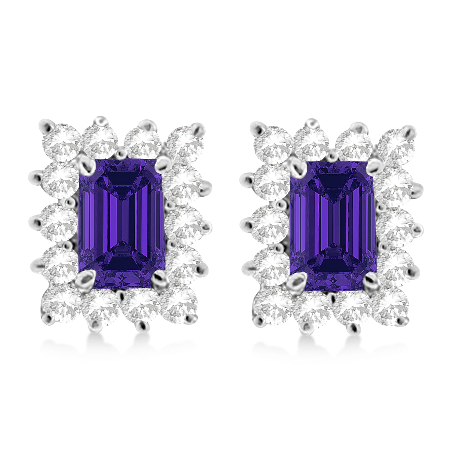 Emerald-Cut Tanzanite & Diamond Halo Stud Earrings in 14K White Gold (1.80ctw Total) – Elegant Fine Jewelry Gift for Women front view