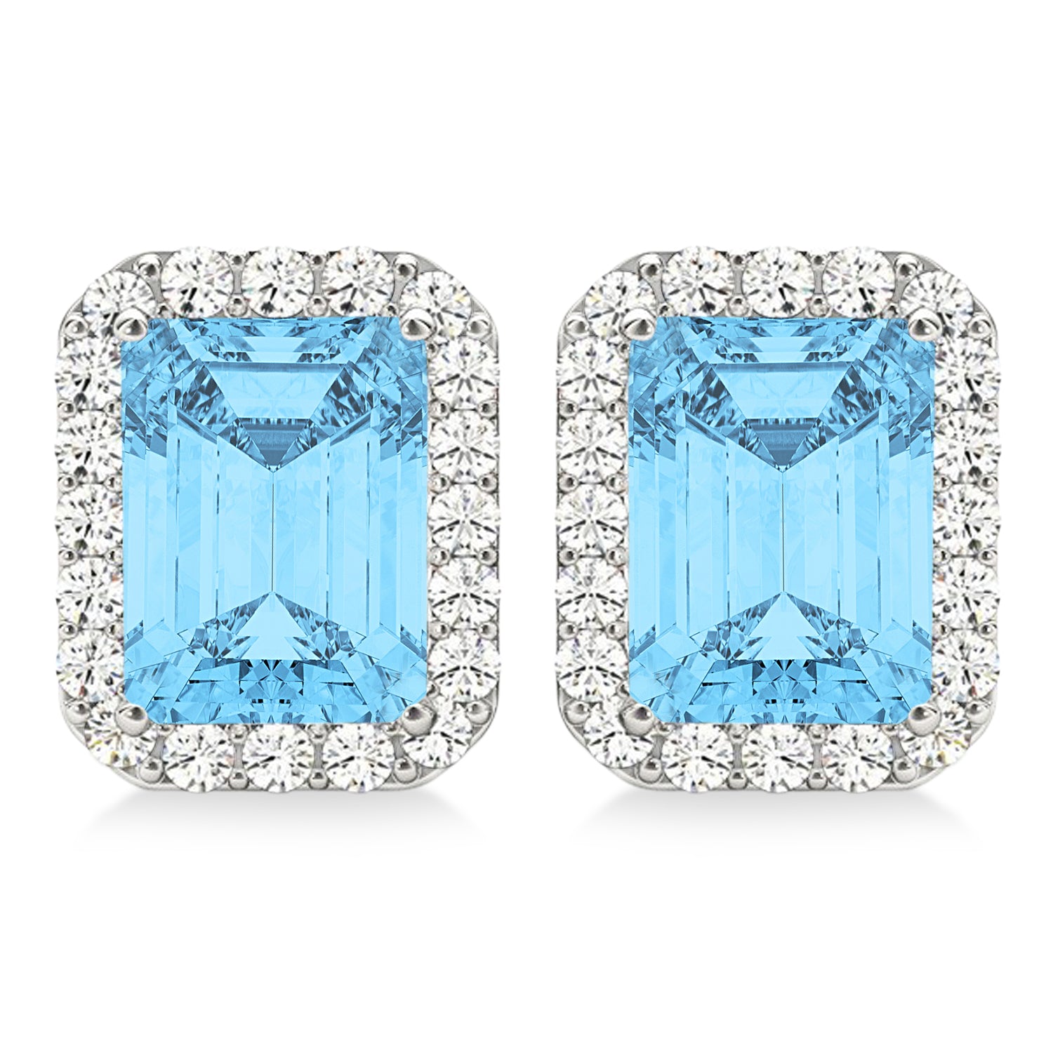 Diamond halo and emerald cut blue topaz earrings front view