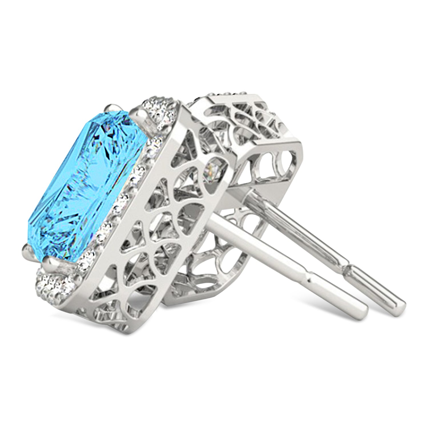 Diamond halo and emerald cut blue topaz earrings side and back view