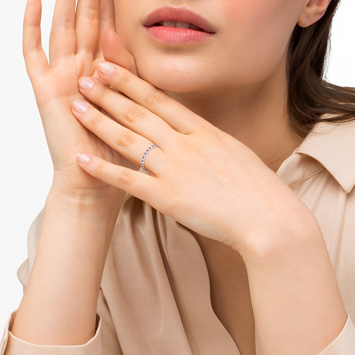 Eternity Diamond & Amethyst Wedding Band in 14k White Gold on Woman