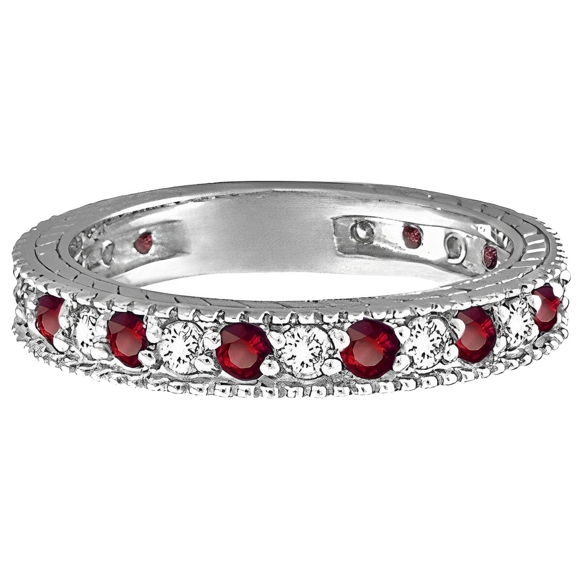 Eternity Diamond & Garnet Ring in 14k White Gold (1.08ctw) Flat View