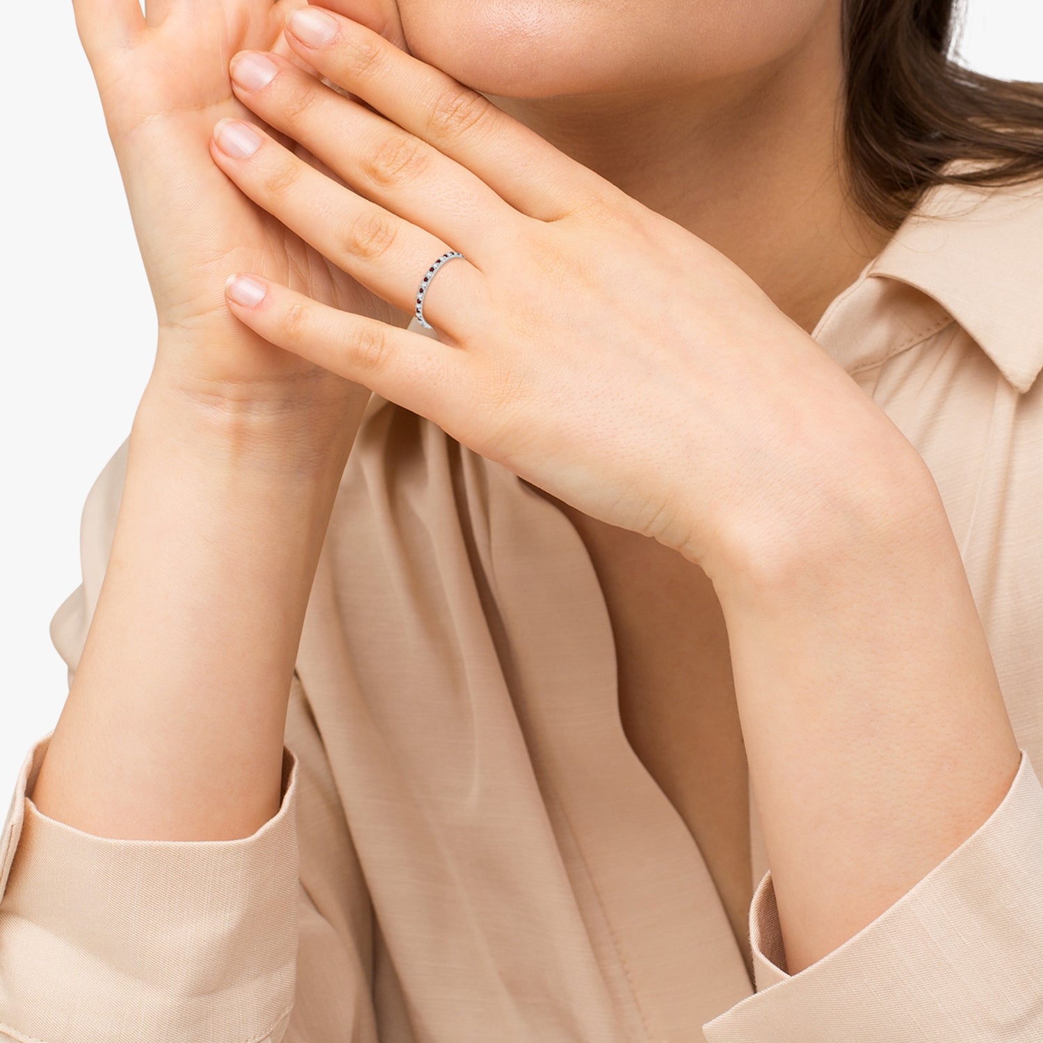 Eternity Petite Diamond & Garnet Ring 14k White Gold (0.25ct) when Worn