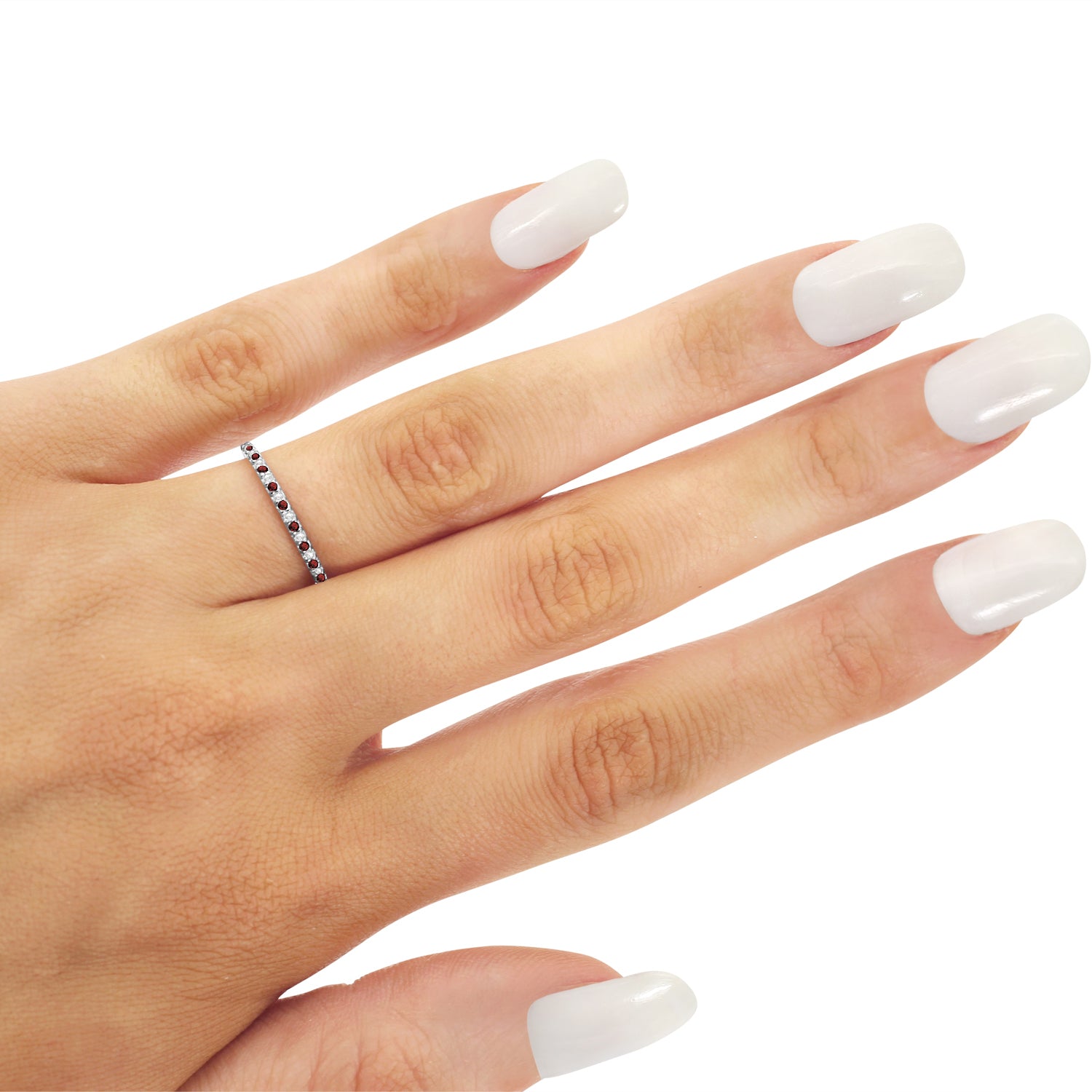 Eternity Petite Diamond & Garnet Ring 14k White Gold (0.25ct) when Worn 2