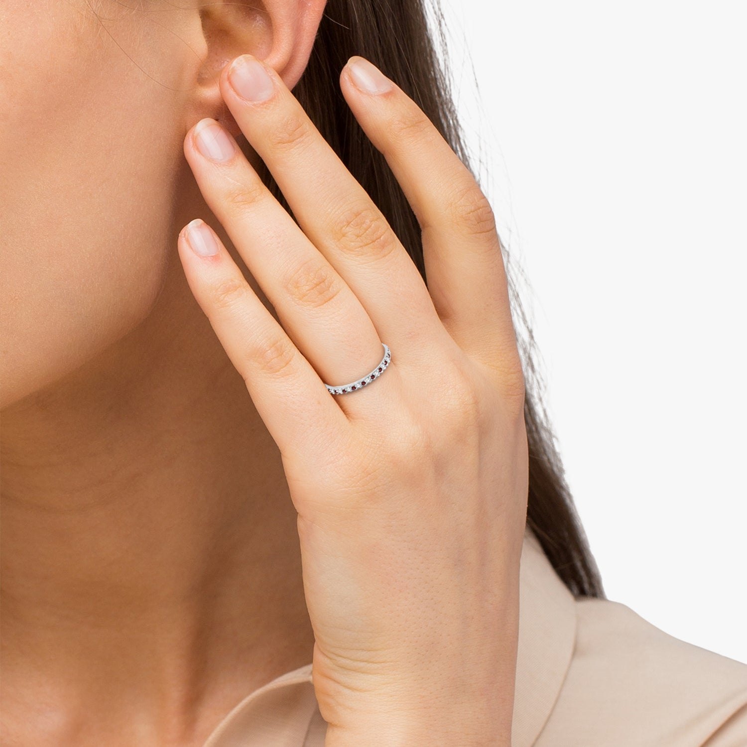 Eternity Petite Diamond & Garnet Ring 14k White Gold (0.25ct) when Worn 3