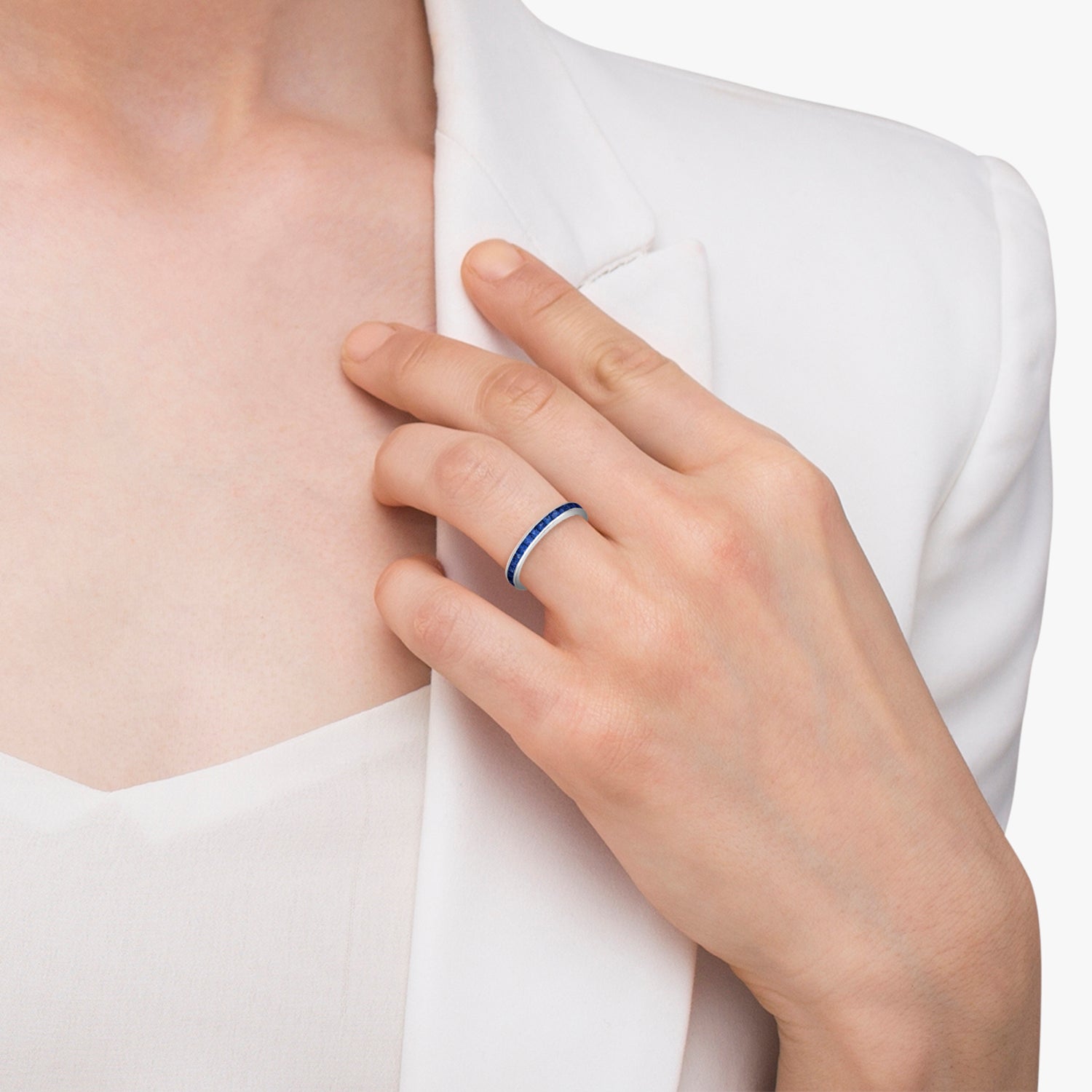 Eternity Princess-Cut Blue Sapphire Ring in 14k White Gold (1.36ct) when worn 2