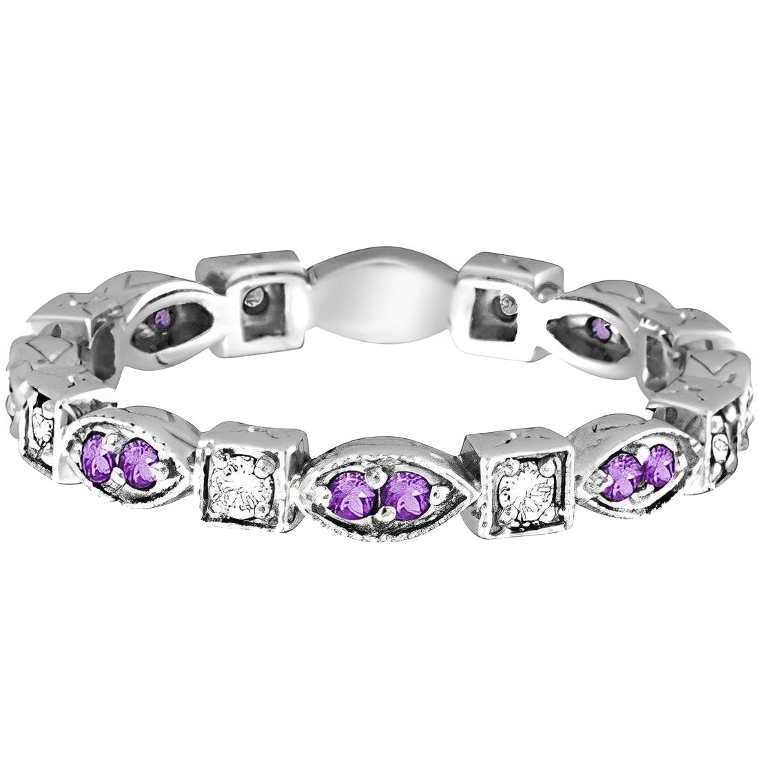 Eternity Diamond & Amethyst Anniversary Ring in 14k White Gold Flat View