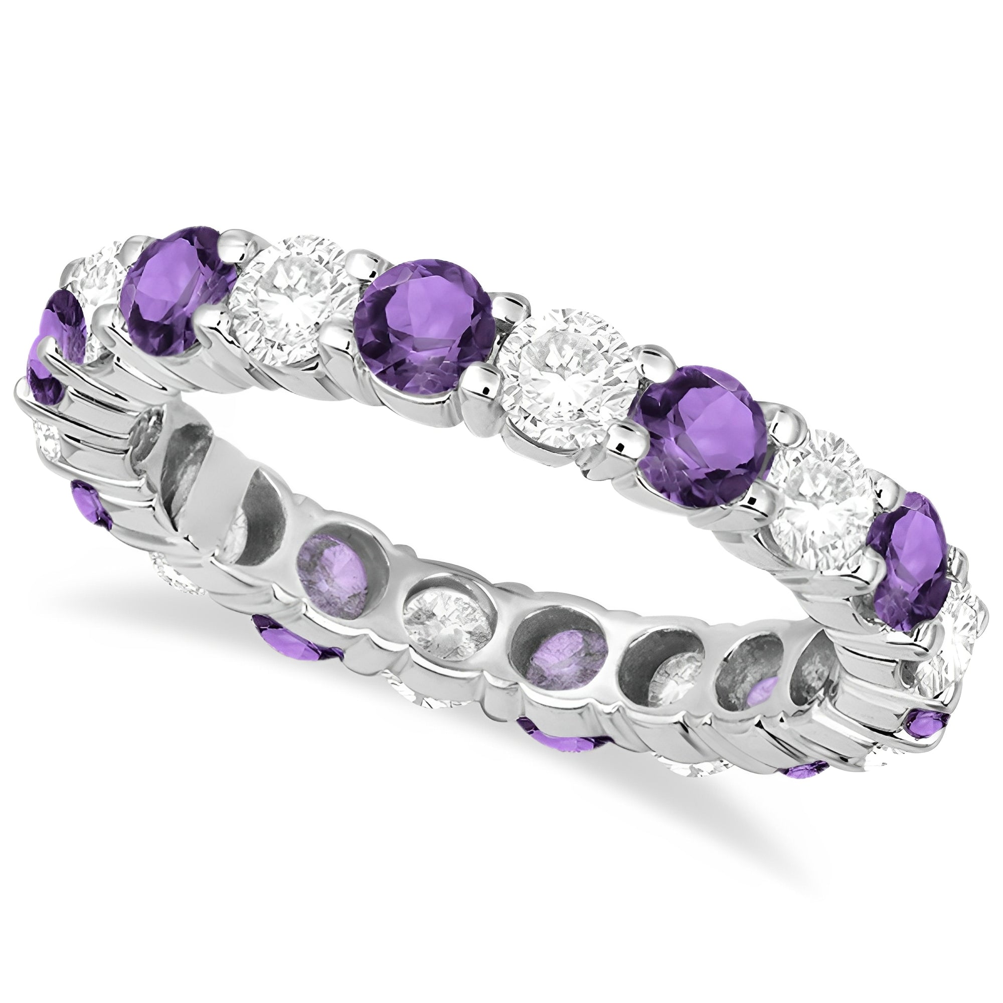 Eternity Diamond & Amethyst Anniversary Ring in 14k White Gold (3.50ct) Top View