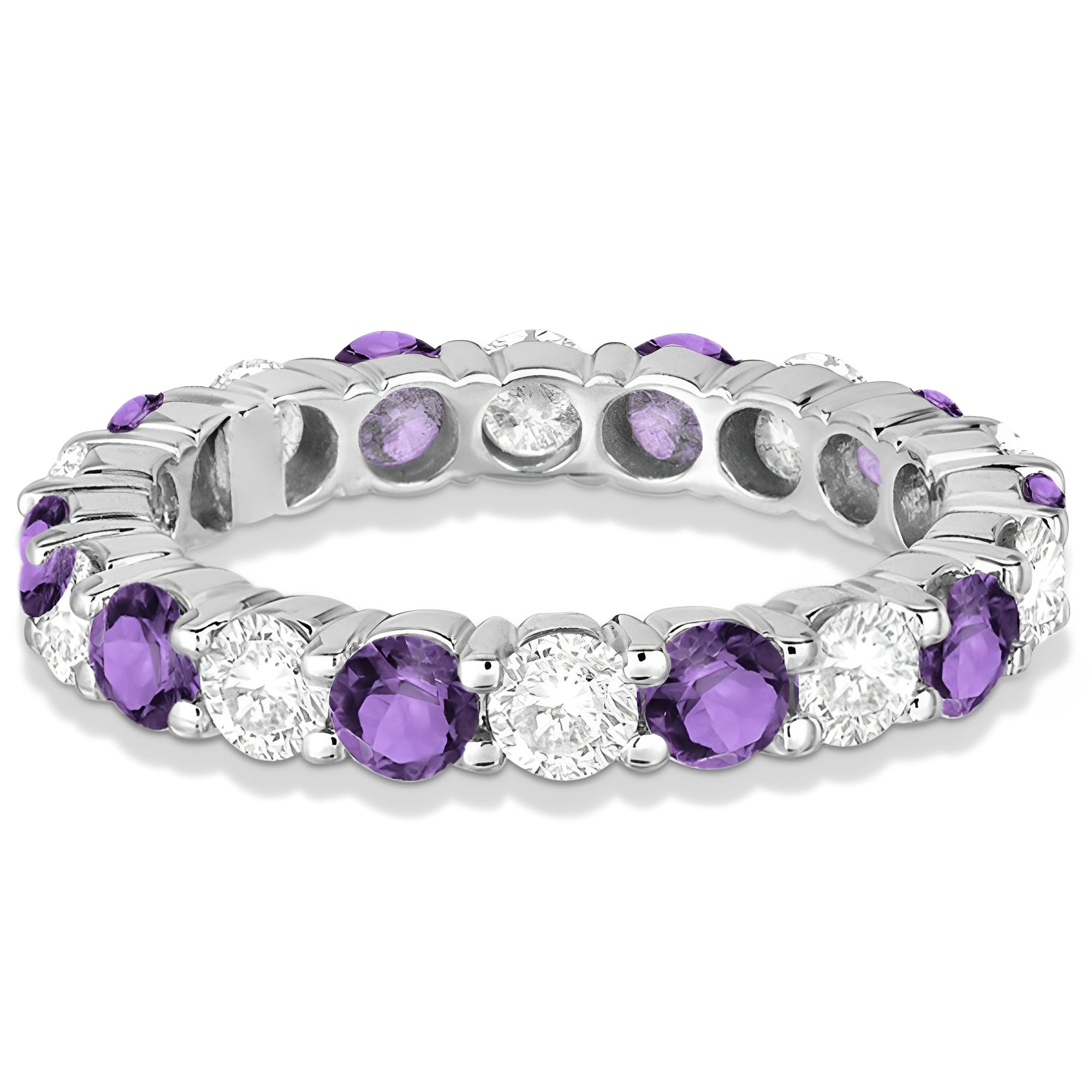 Eternity Diamond & Amethyst Anniversary Ring in 14k White Gold (3.50ct) Flat View
