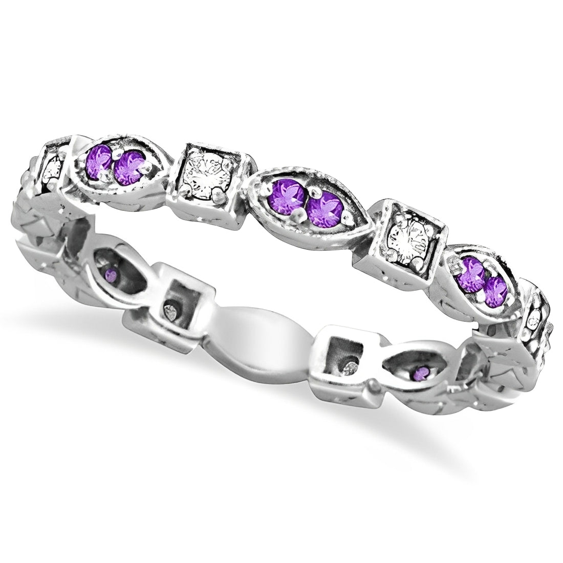 Eternity Diamond & Amethyst Anniversary Ring in 14k White Gold Top View