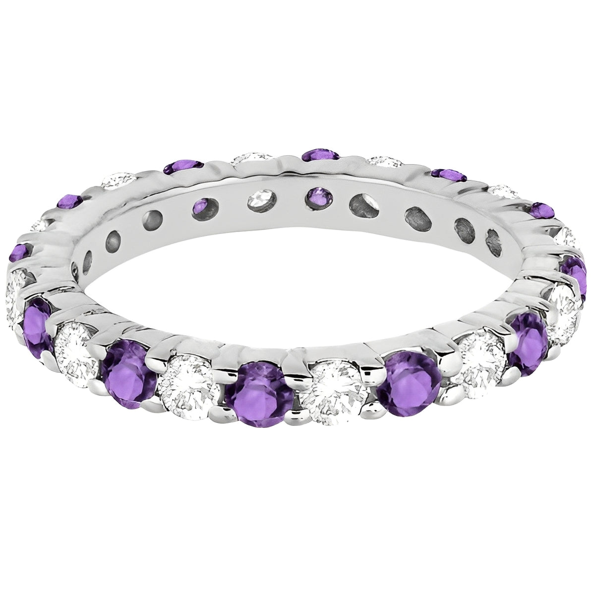 Eternity Diamond & Amethyst Ring in 14k White Gold (2.40ct) Flat View