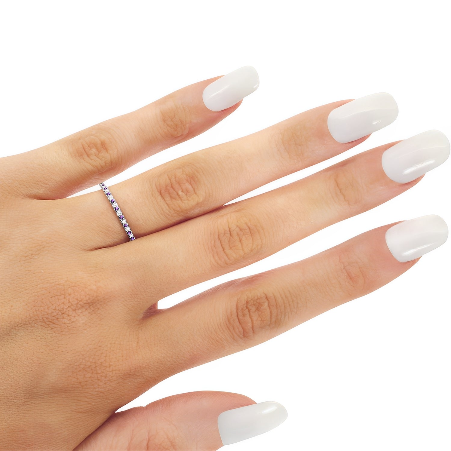 Eternity Diamond & Amethyst Wedding Band in 14k White Gold when Worn