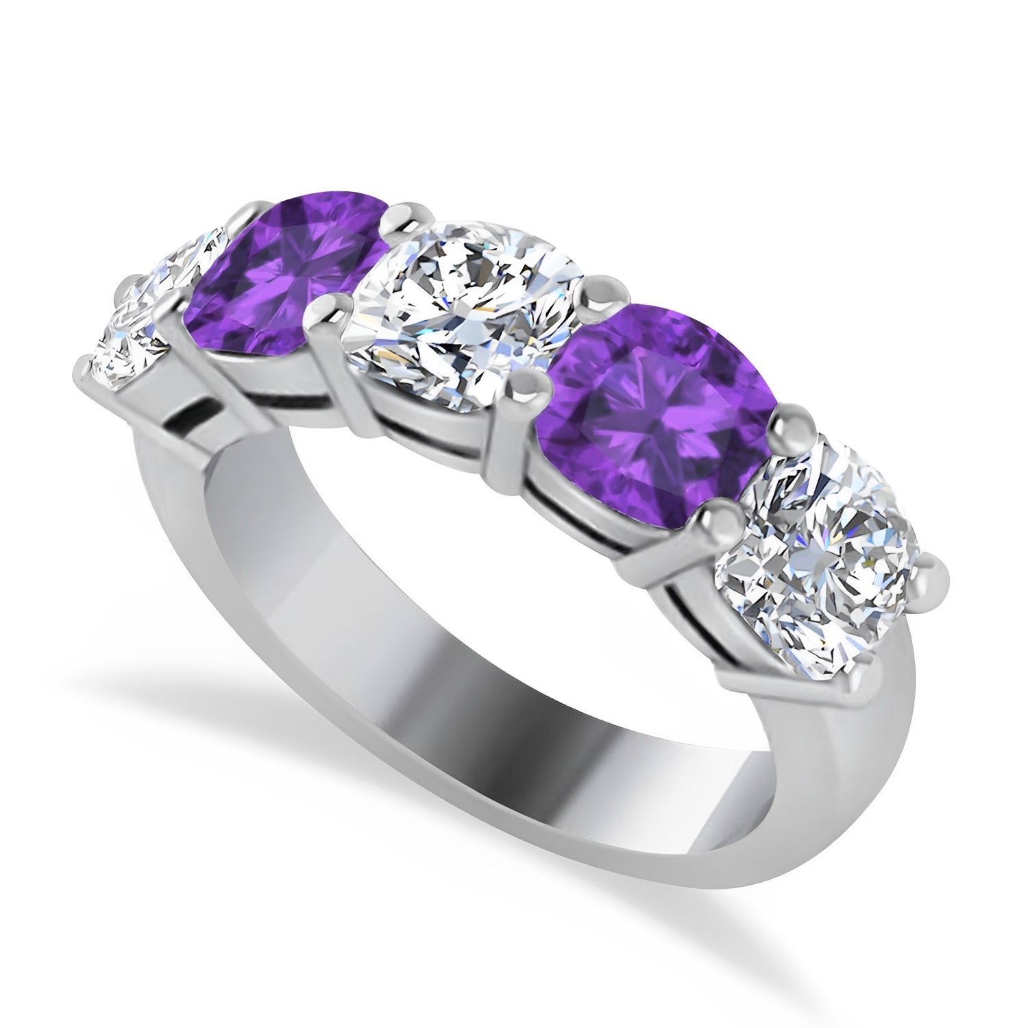Five Stone Cushion Cut Diamond & Amethyst Ring in 14k White Gold Top View