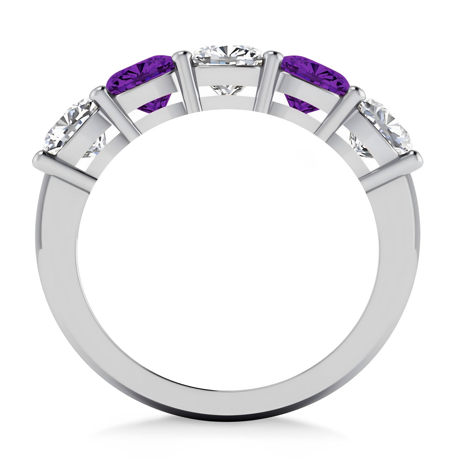 Five Stone Cushion Cut Diamond & Amethyst Ring in 14k White Gold Front View
