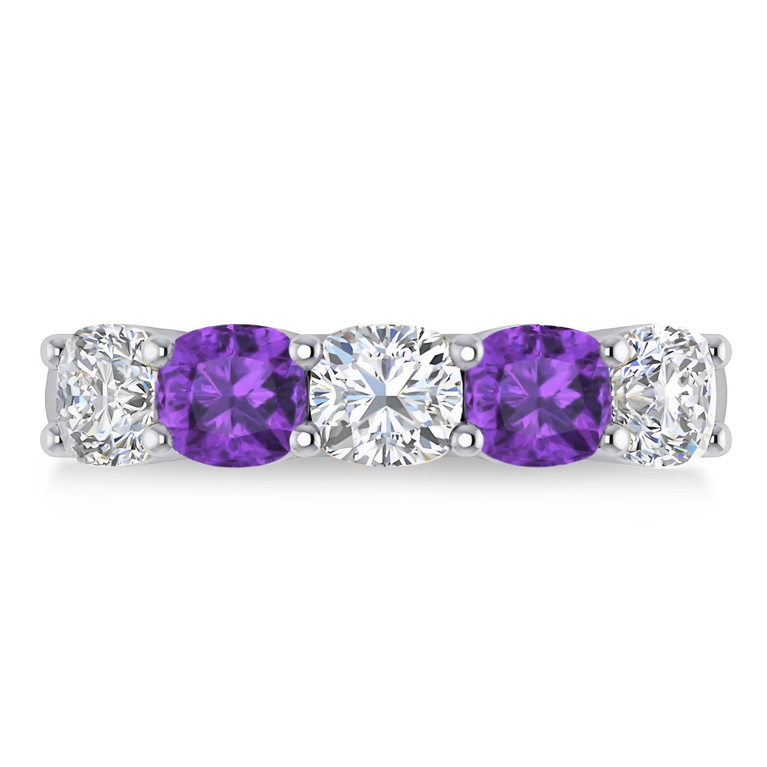 Five Stone Cushion Cut Diamond & Amethyst Ring in 14k White Gold Flat View