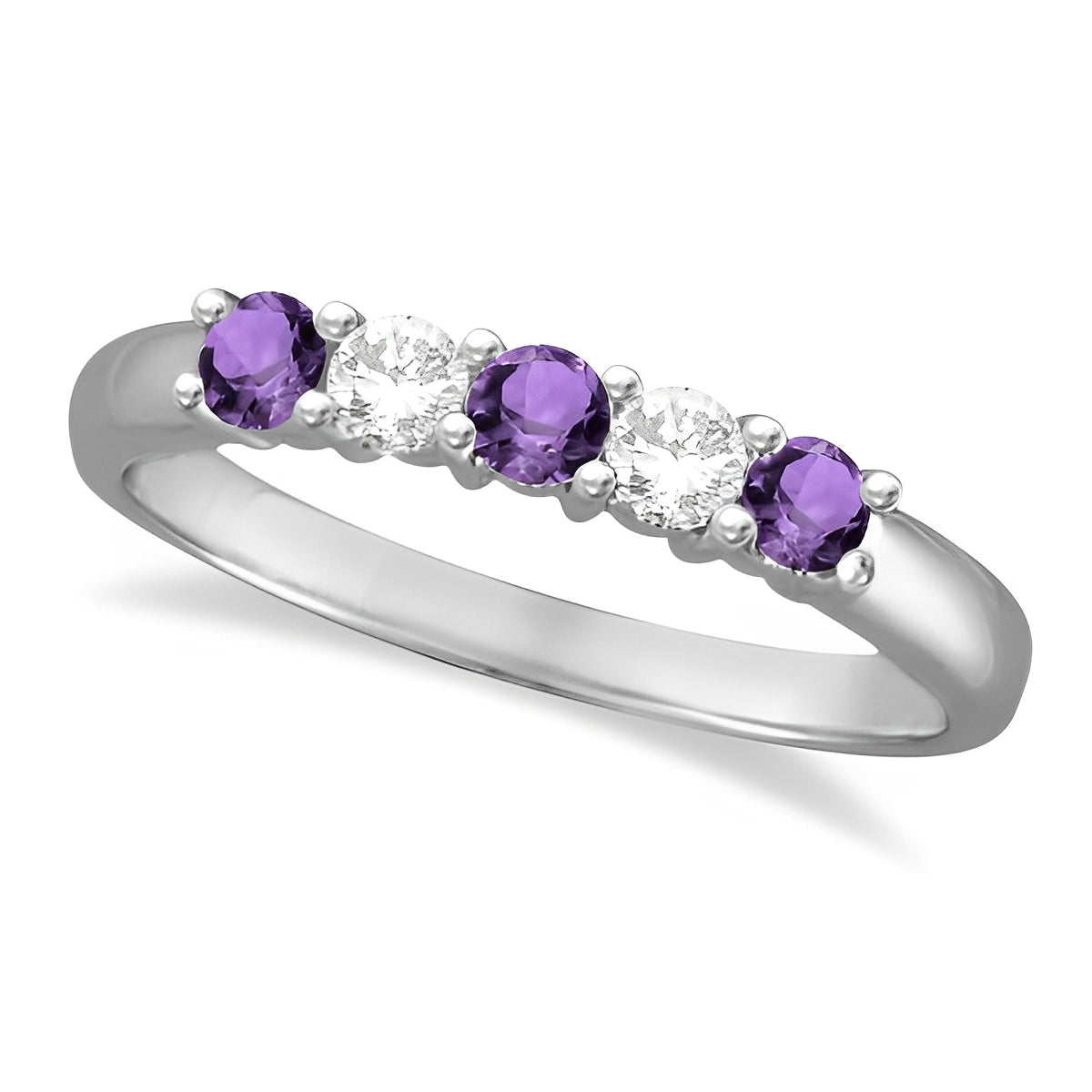 Five Stone Diamond & Amethyst Ring in 14k White Gold Top View