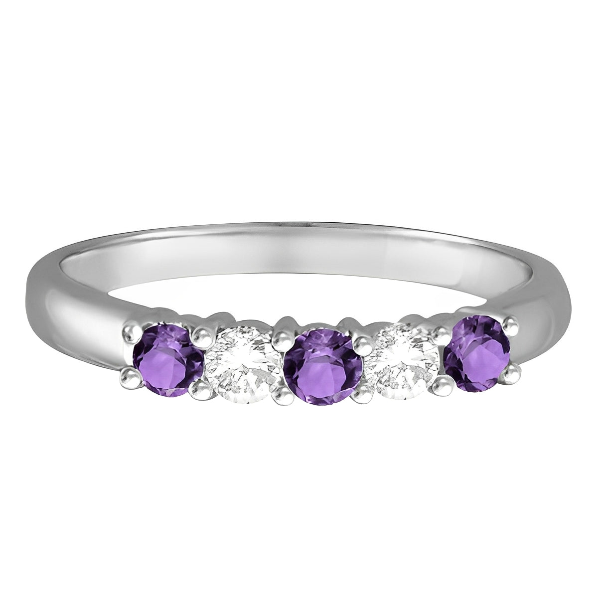 Five Stone Diamond & Amethyst Ring in 14k White Gold Flat View