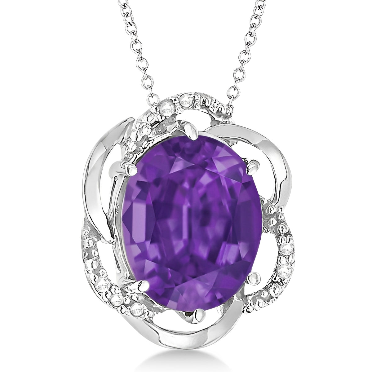 Floral Diamond & Amethyst Necklace in 14k White Gold (2.45ct) Front View