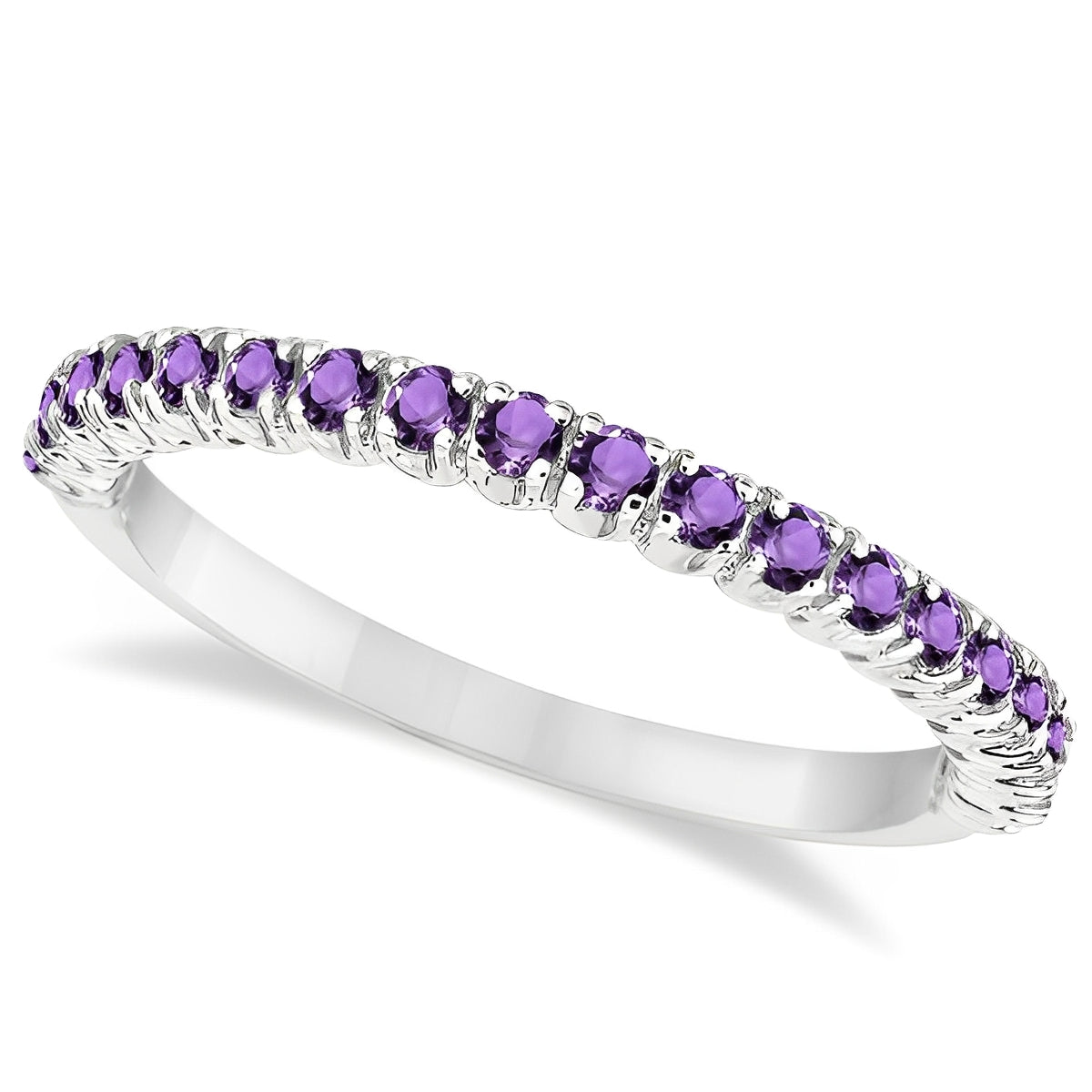 Half-Eternity Pave-Set Thin Amethyst Stack Ring 14k White Gold Top View