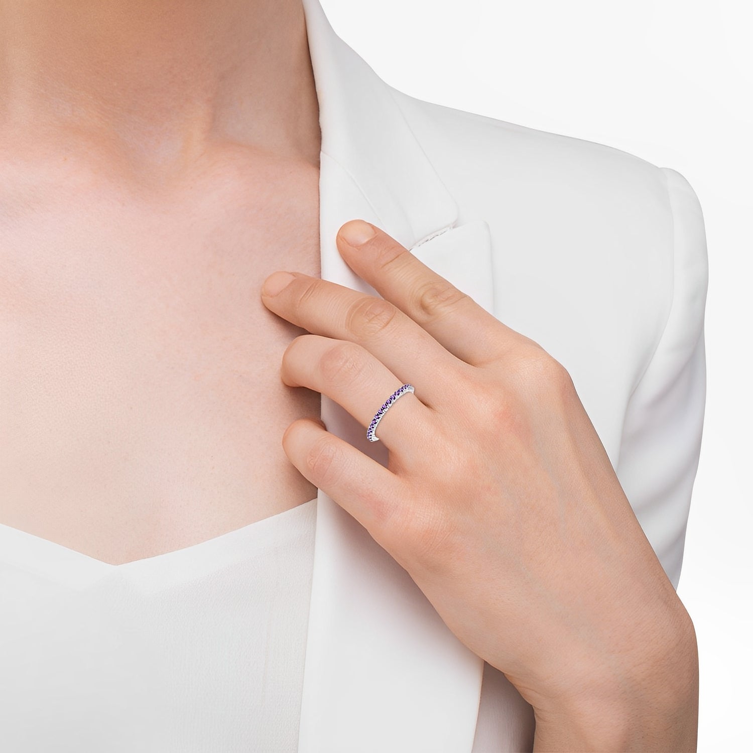 Half-Eternity Pave-Set Thin Amethyst Stack Ring 14k White Gold on Woman