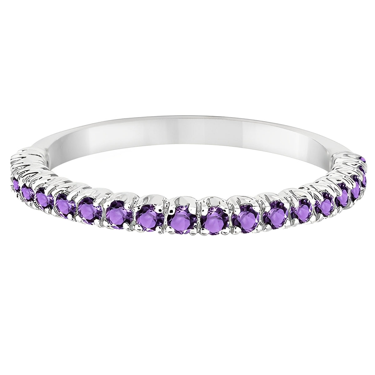 Half-Eternity Pave-Set Thin Amethyst Stack Ring 14k White Gold Flat View