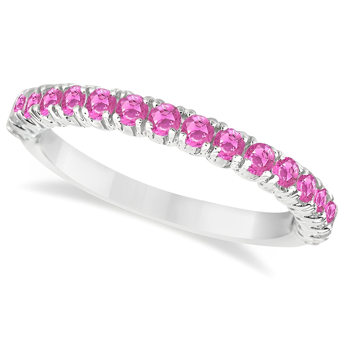 Half-Eternity Pink Sapphire Stacking Ring in 14K White Gold – Pave & Prong Set (0.95ct Total) top view