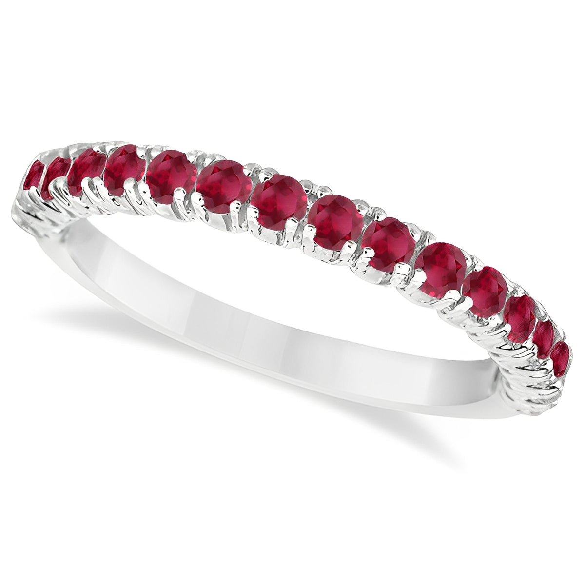 Half-Eternity Ruby Stacking Ring in 14K White Gold – Pave & Prong Set (0.95ct Total) top view
