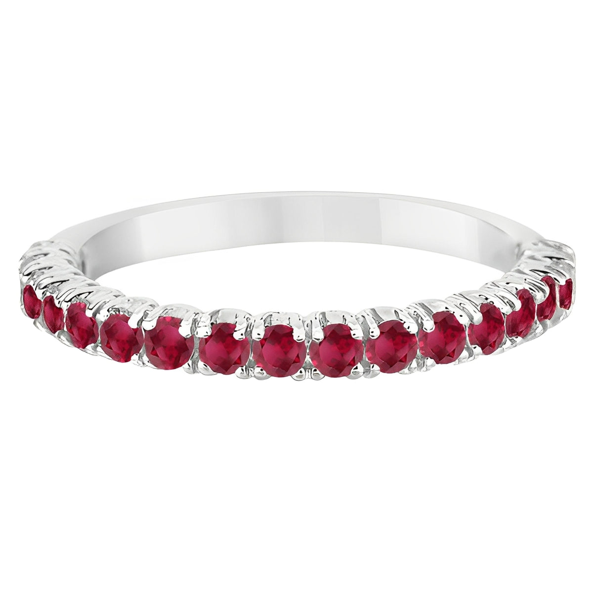 Half-Eternity Ruby Stacking Ring in 14K White Gold – Pave & Prong Set (0.95ct Total) flat view