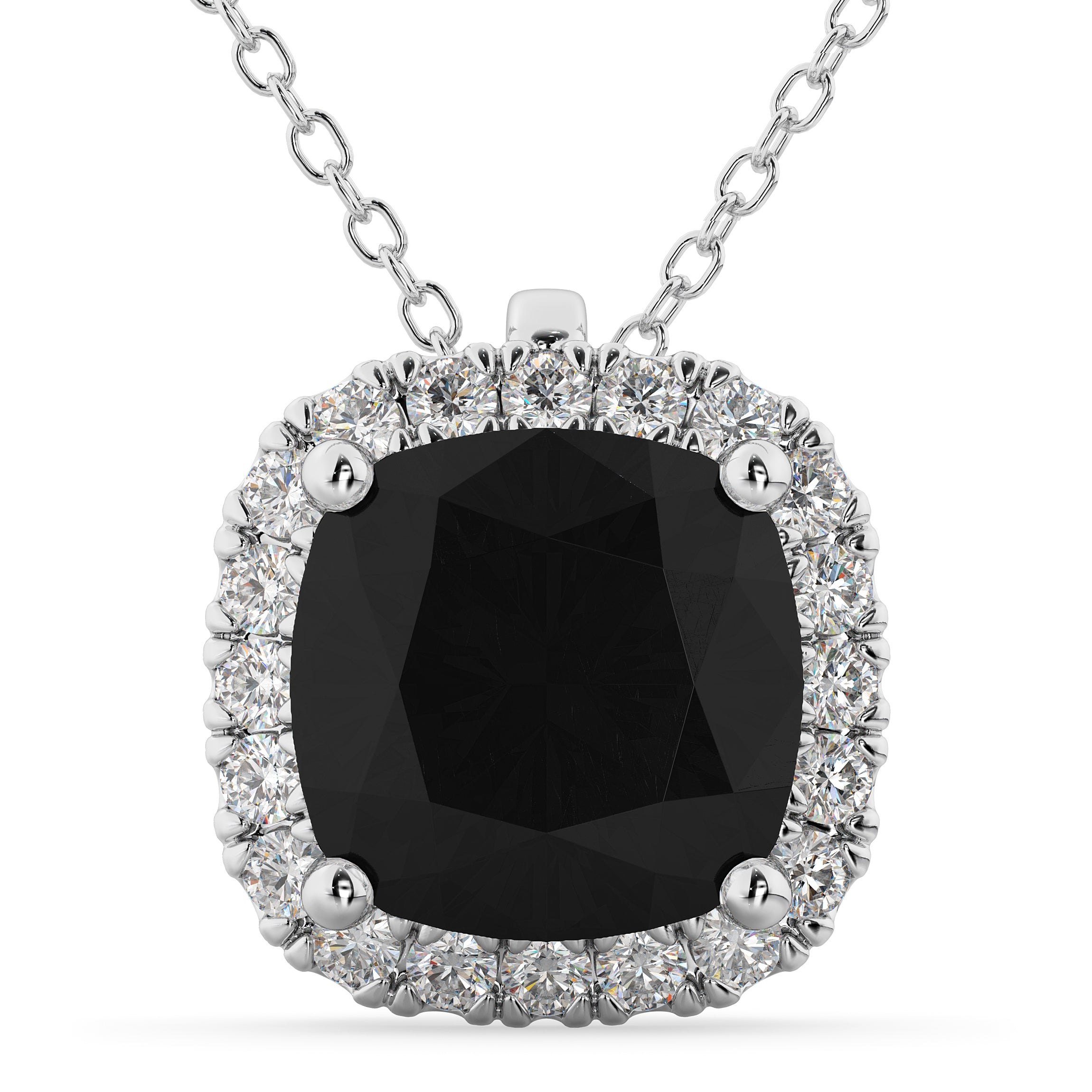 Halo Cushion Cut Black Diamond Necklace in 14K White Gold (2.27ct) front and closer view