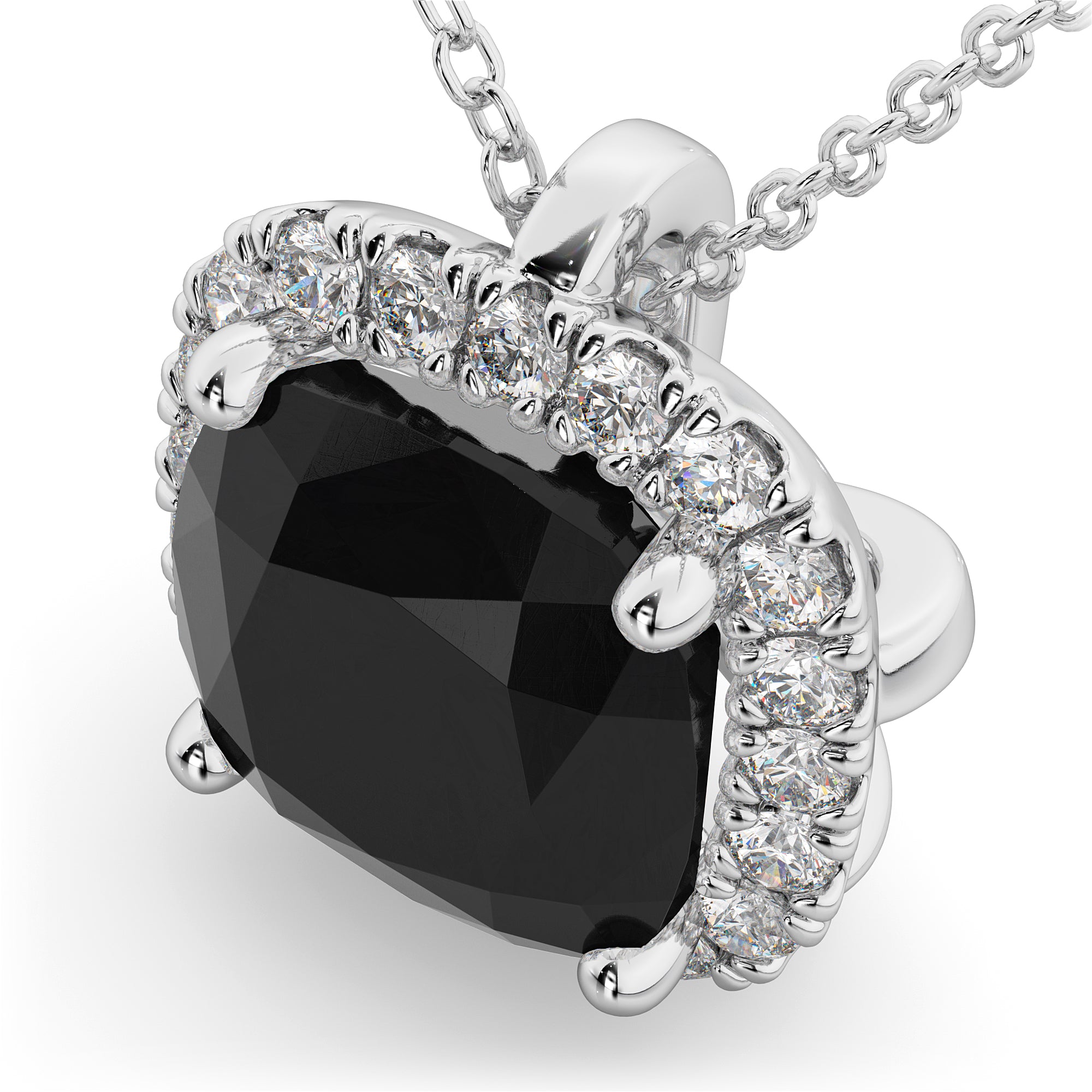 Halo Cushion Cut Black Diamond Necklace in 14K White Gold (2.27ct) angled view