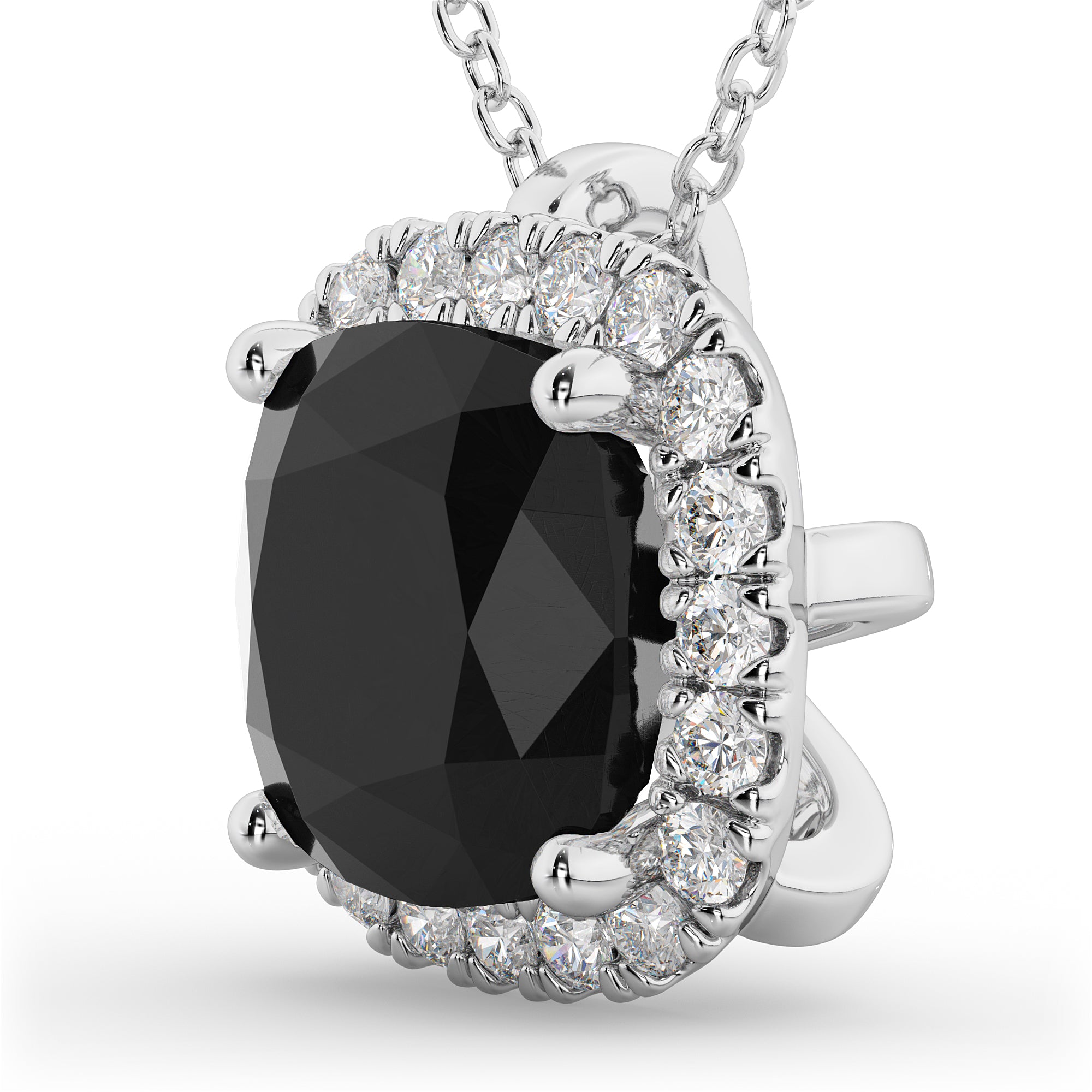 Halo Cushion Cut Black Diamond Necklace in 14K White Gold (2.27ct) side view