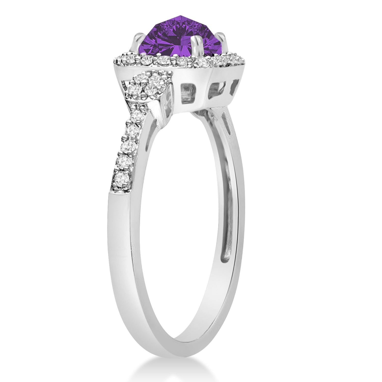 Halo Diamond & Amethyst Engagement Ring in 14k White Gold (1.01ct) Side View