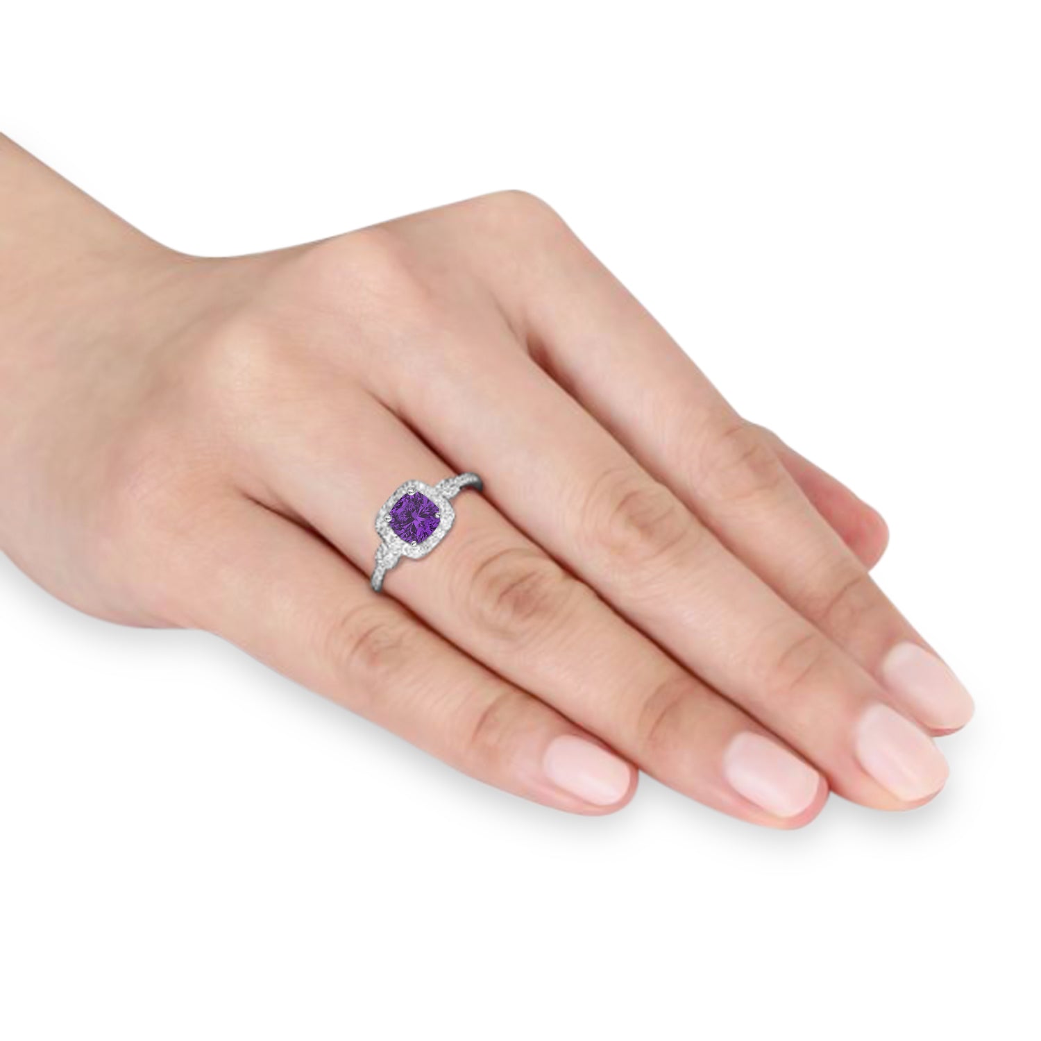 Halo Diamond & Amethyst Engagement Ring in 14k White Gold (1.01ct) on Hand