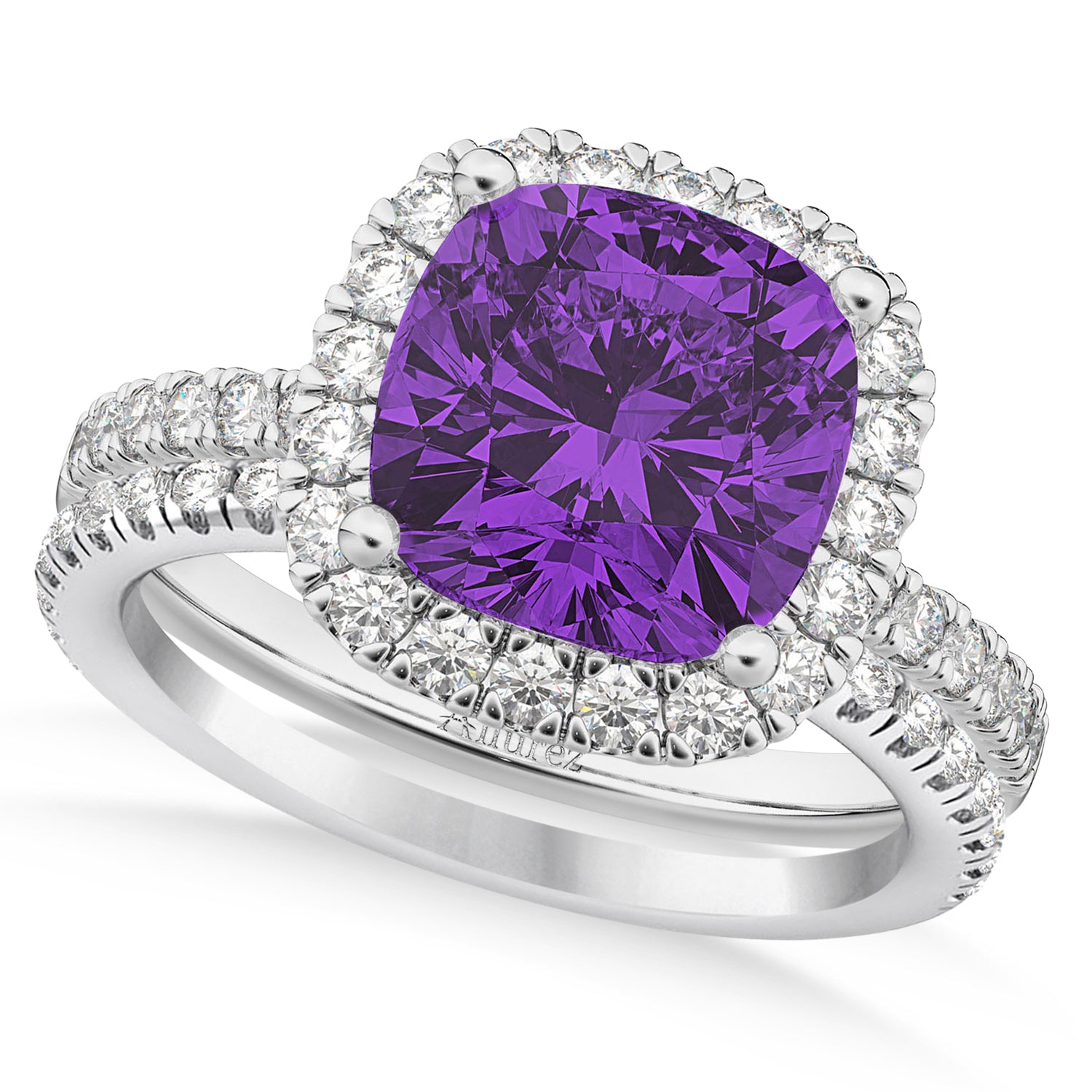Halo Diamond & Cushion Cut Amethyst Bridal Set in 14k White Gold (3.38ct) Top View 2