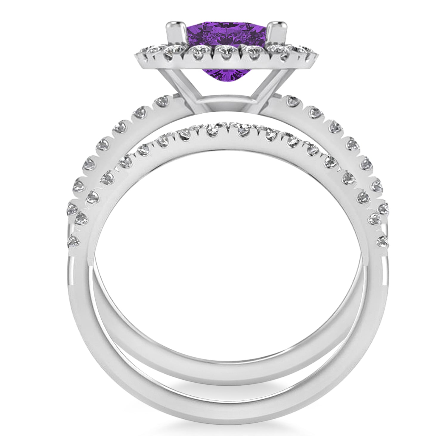 Halo Diamond & Cushion Cut Amethyst Bridal Set in 14k White Gold (3.38ct) Front View