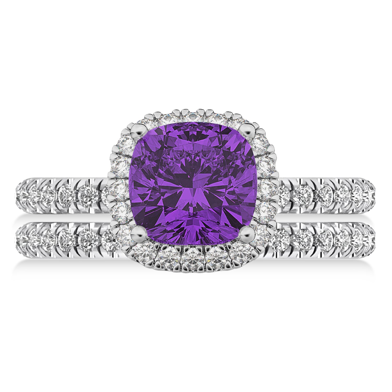 Halo Diamond & Cushion Cut Amethyst Bridal Set in 14k White Gold (3.38ct) Flat View