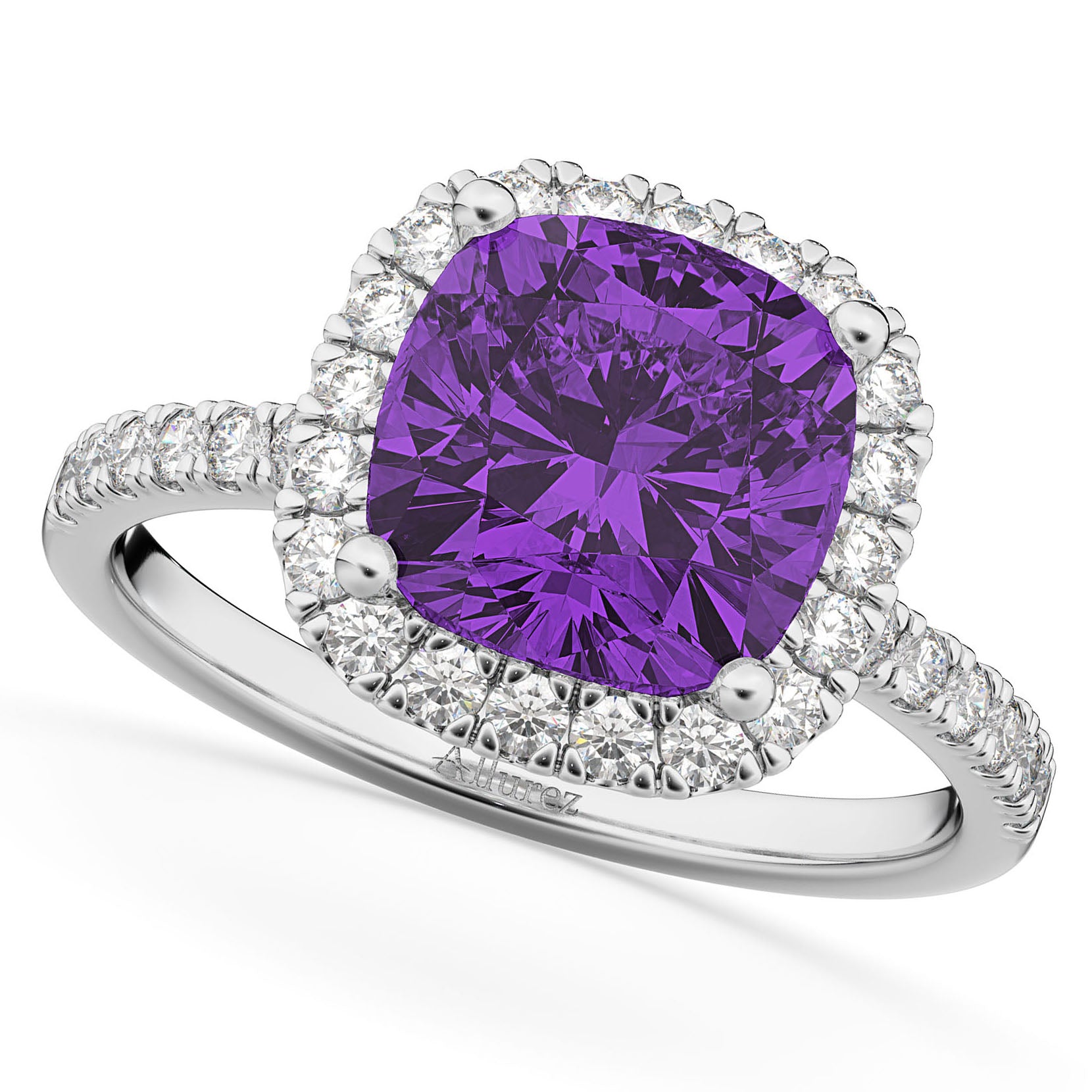 Halo Diamond & Cushion Cut Amethyst Bridal Set in 14k White Gold (3.38ct) Top View