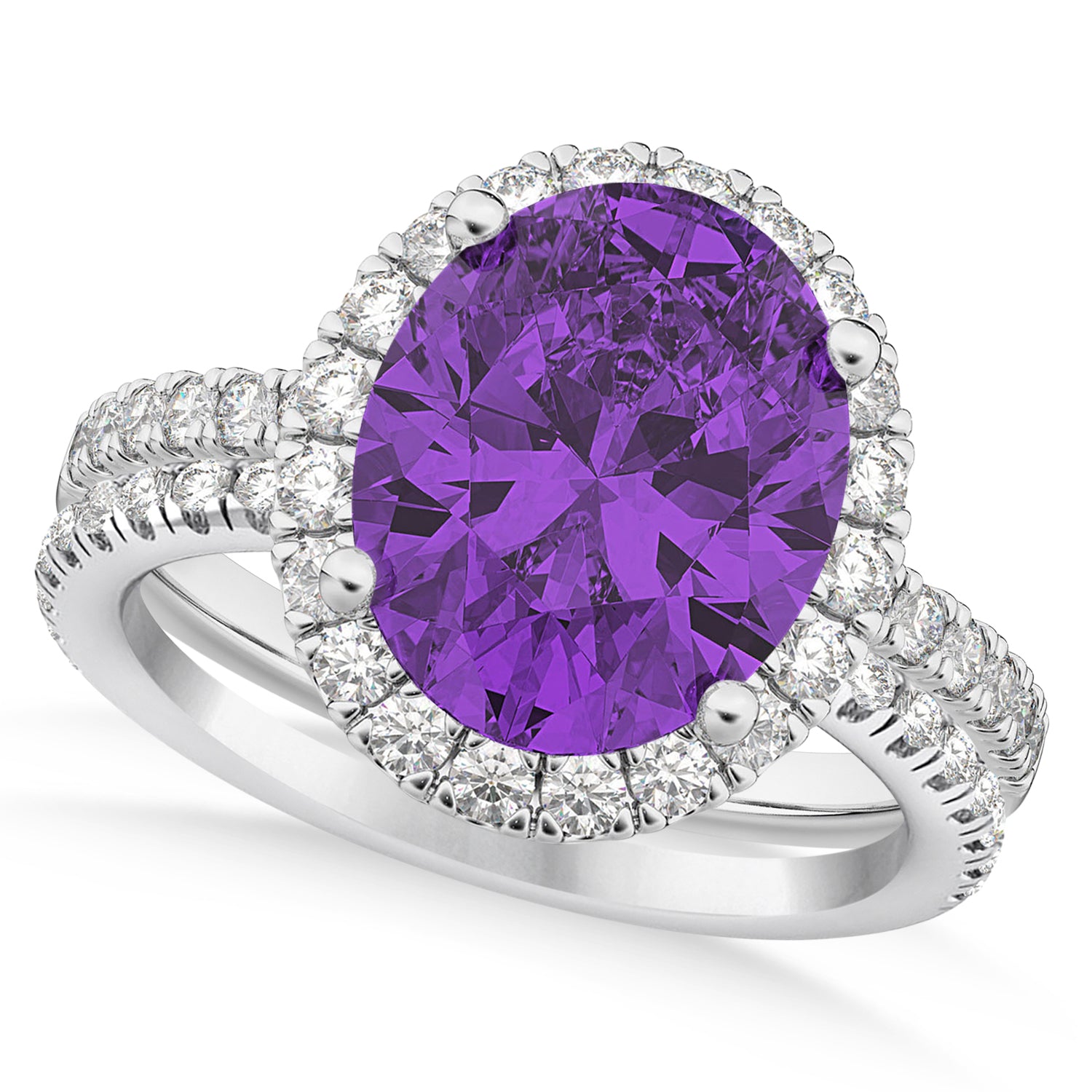 Halo Diamond & Oval Amethyst Bridal Set in 14k White Gold (3.18ct) Top View 2