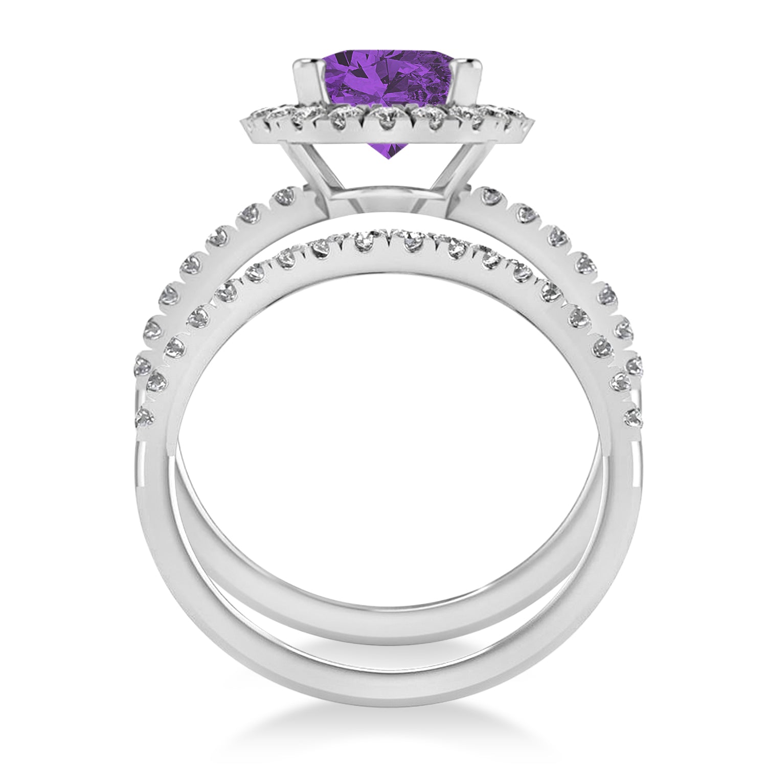 Halo Diamond & Oval Amethyst Bridal Set in 14k White Gold (3.18ct) Front View