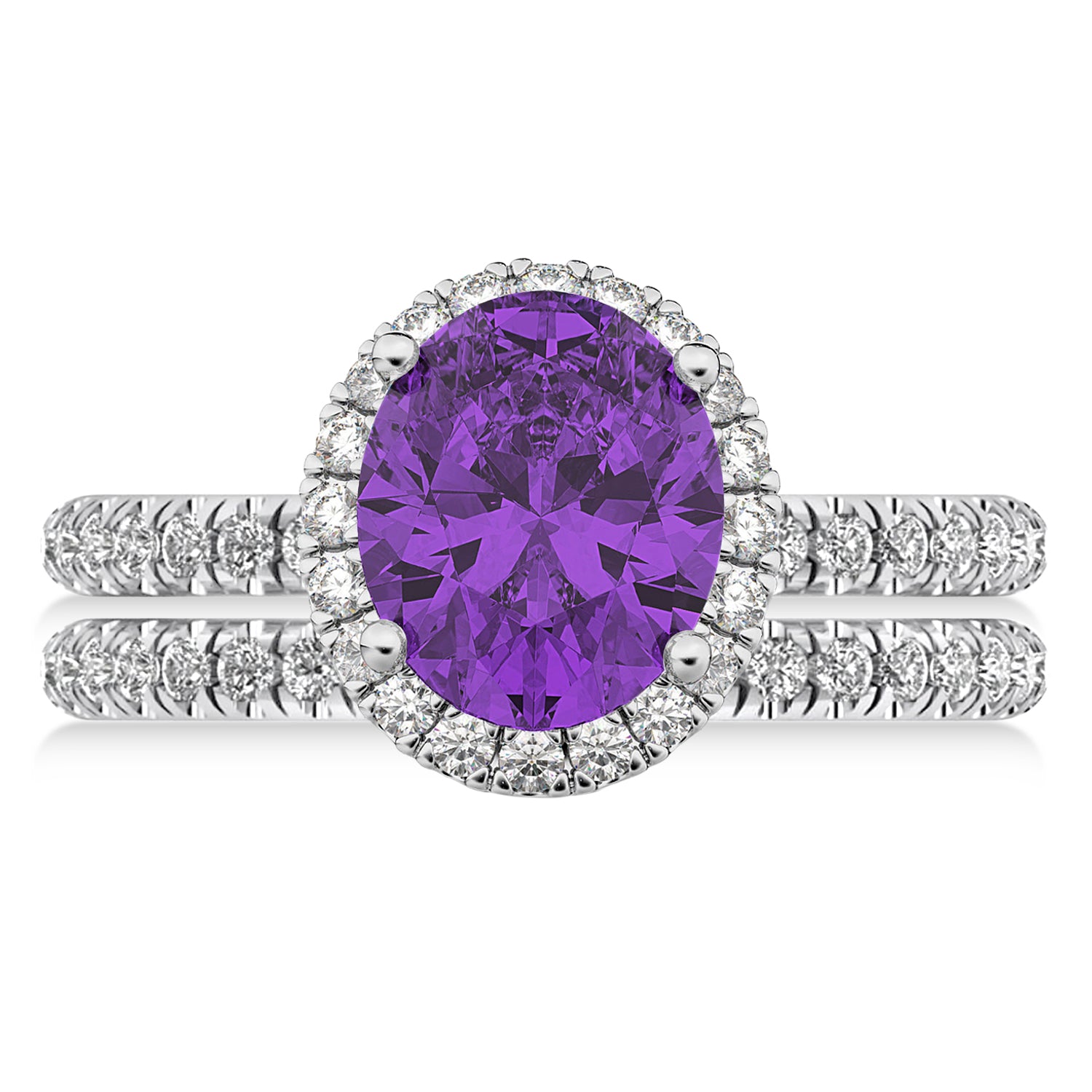 Halo Diamond & Oval Amethyst Bridal Set in 14k White Gold (3.18ct) Flat View