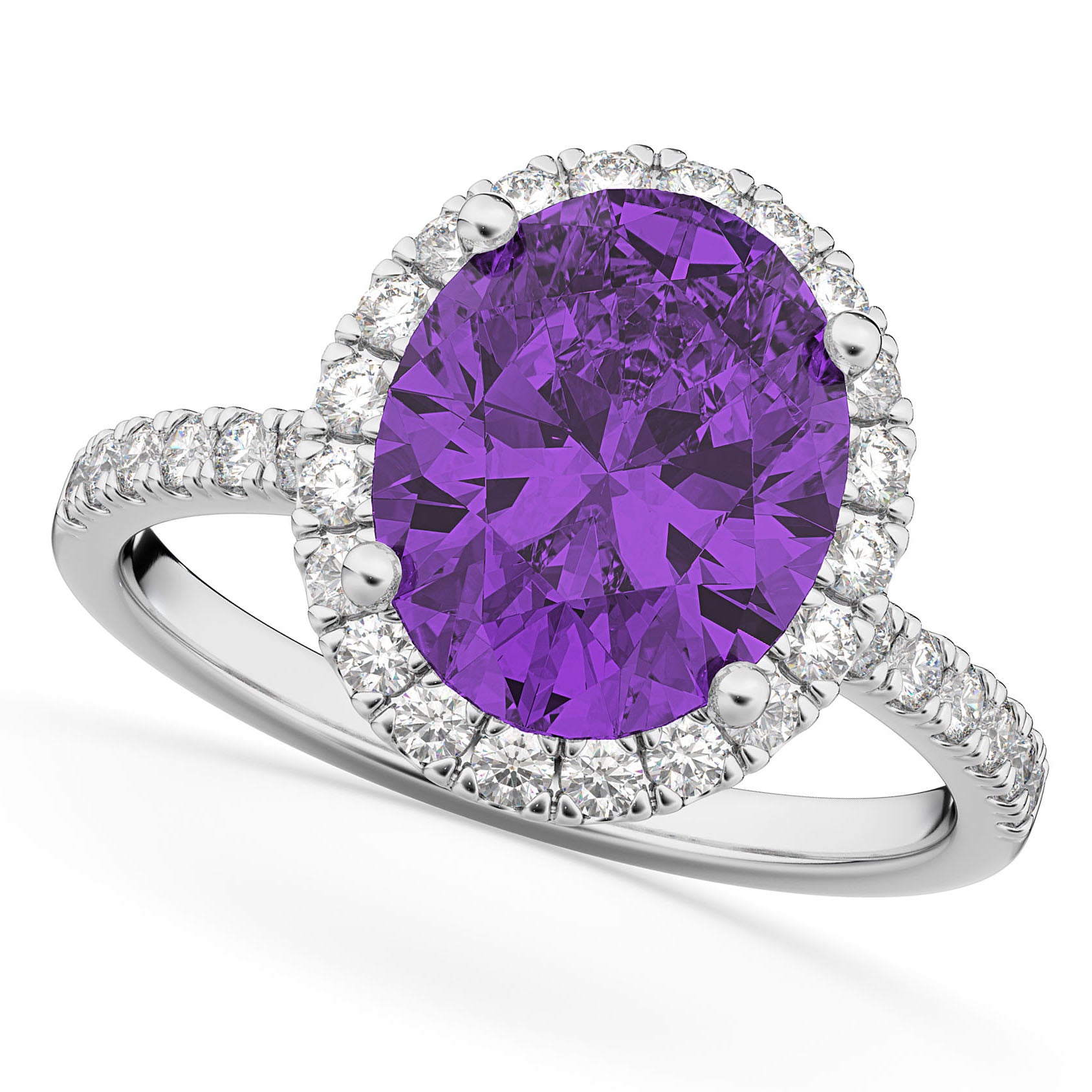 Halo Diamond & Oval Amethyst Bridal Set in 14k White Gold (3.18ct) Top View