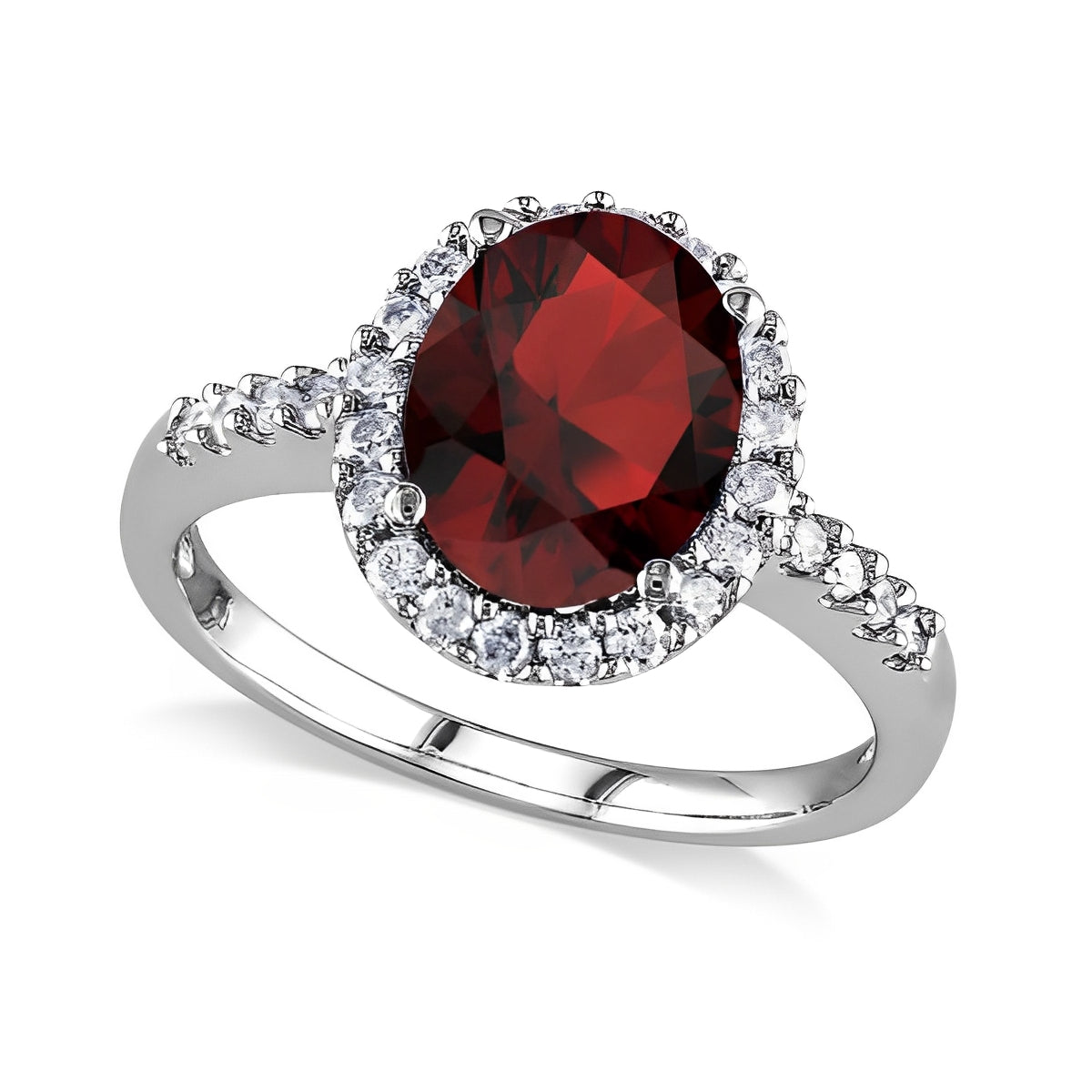 Halo Diamond & Oval Garnet Ring in 14k White Gold (3.22ct) Top View