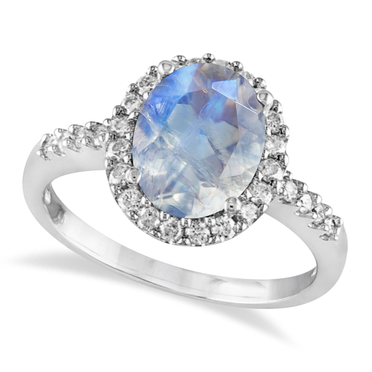 Halo Diamond & Oval Moonstone Ring in 14k White Gold (1.42ct) Top View