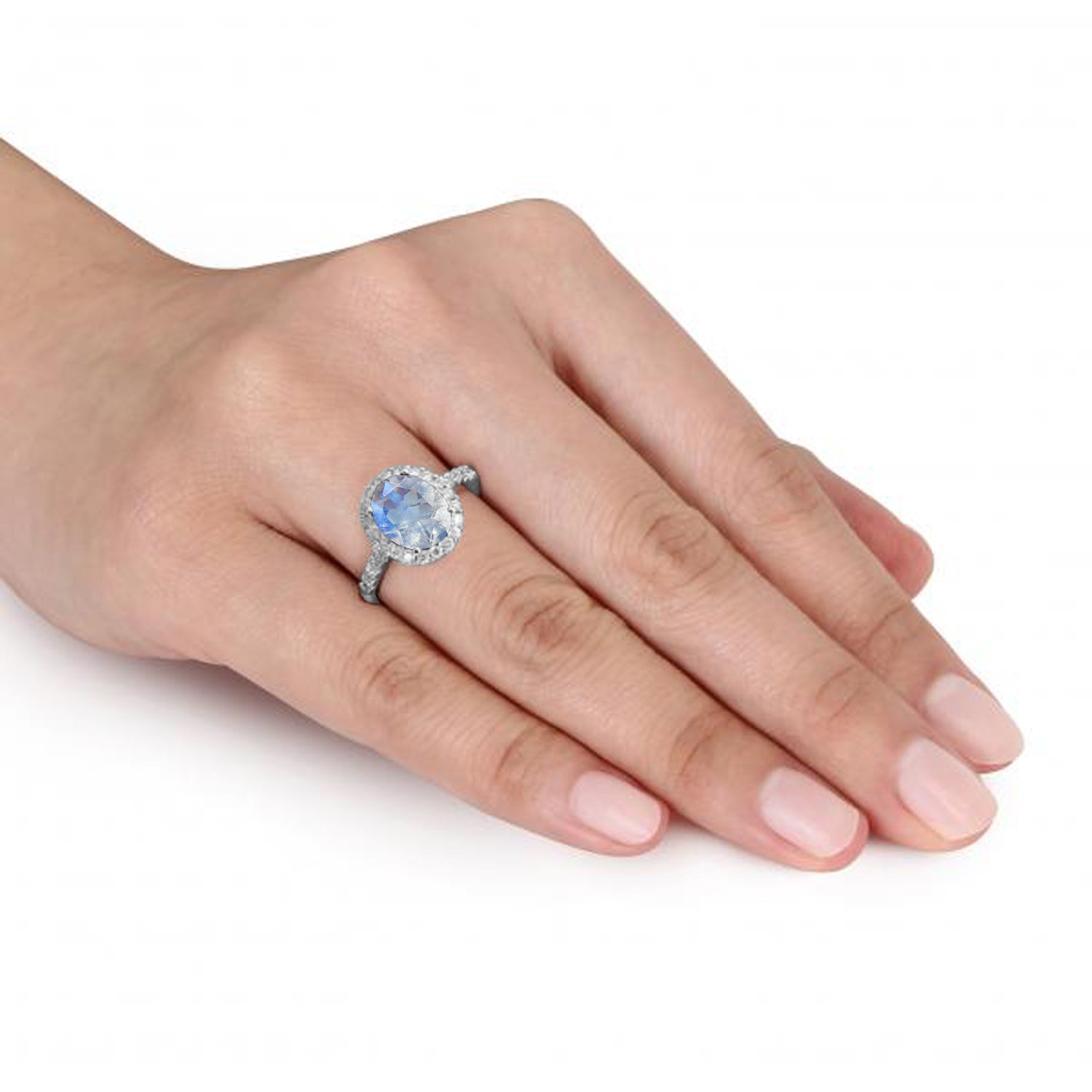 Halo Diamond & Oval Moonstone Ring in 14k White Gold (1.42ct) when Worn 2