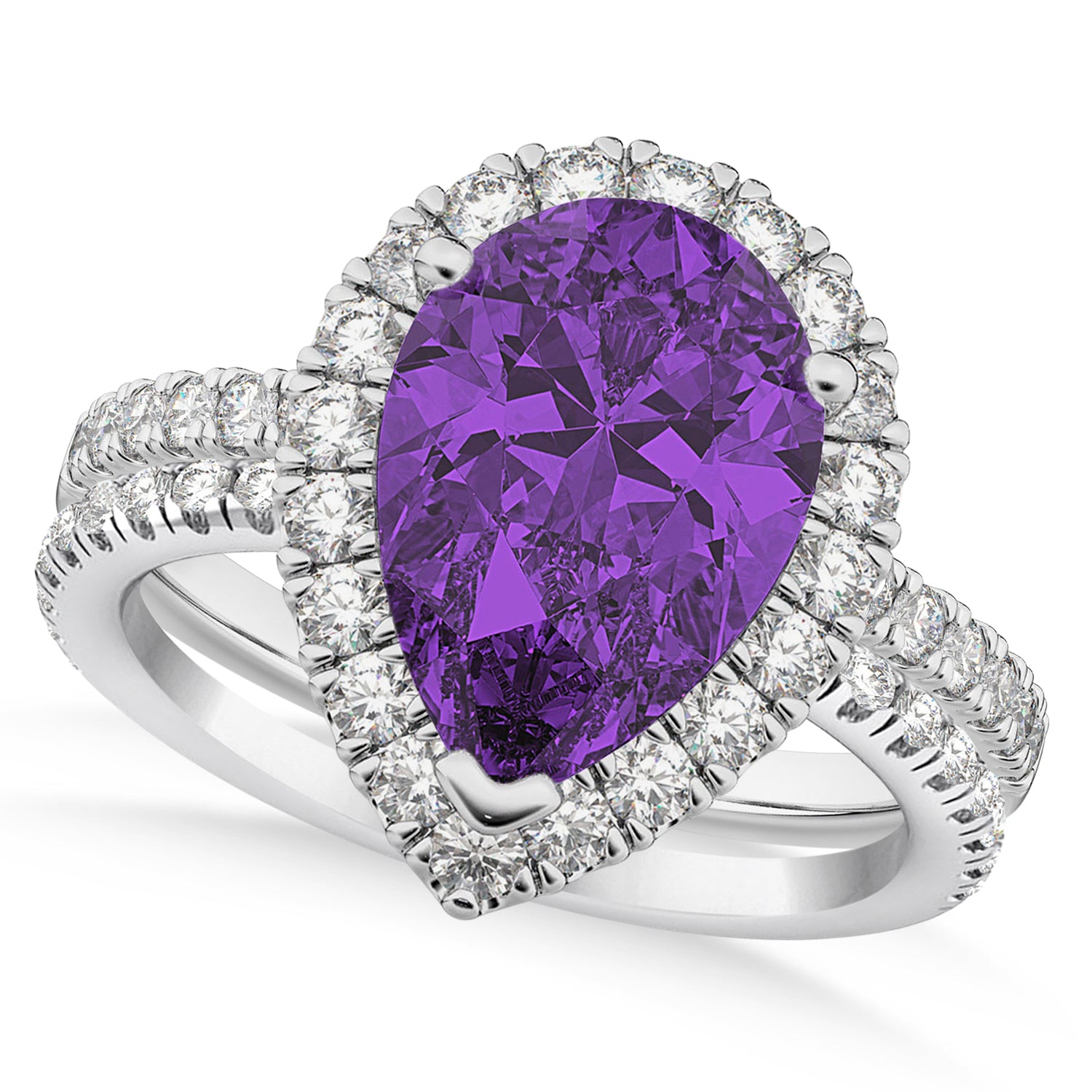 Halo Diamond & Pear Amethyst Bridal Set in 14k White Gold (2.48ct) Top View 2