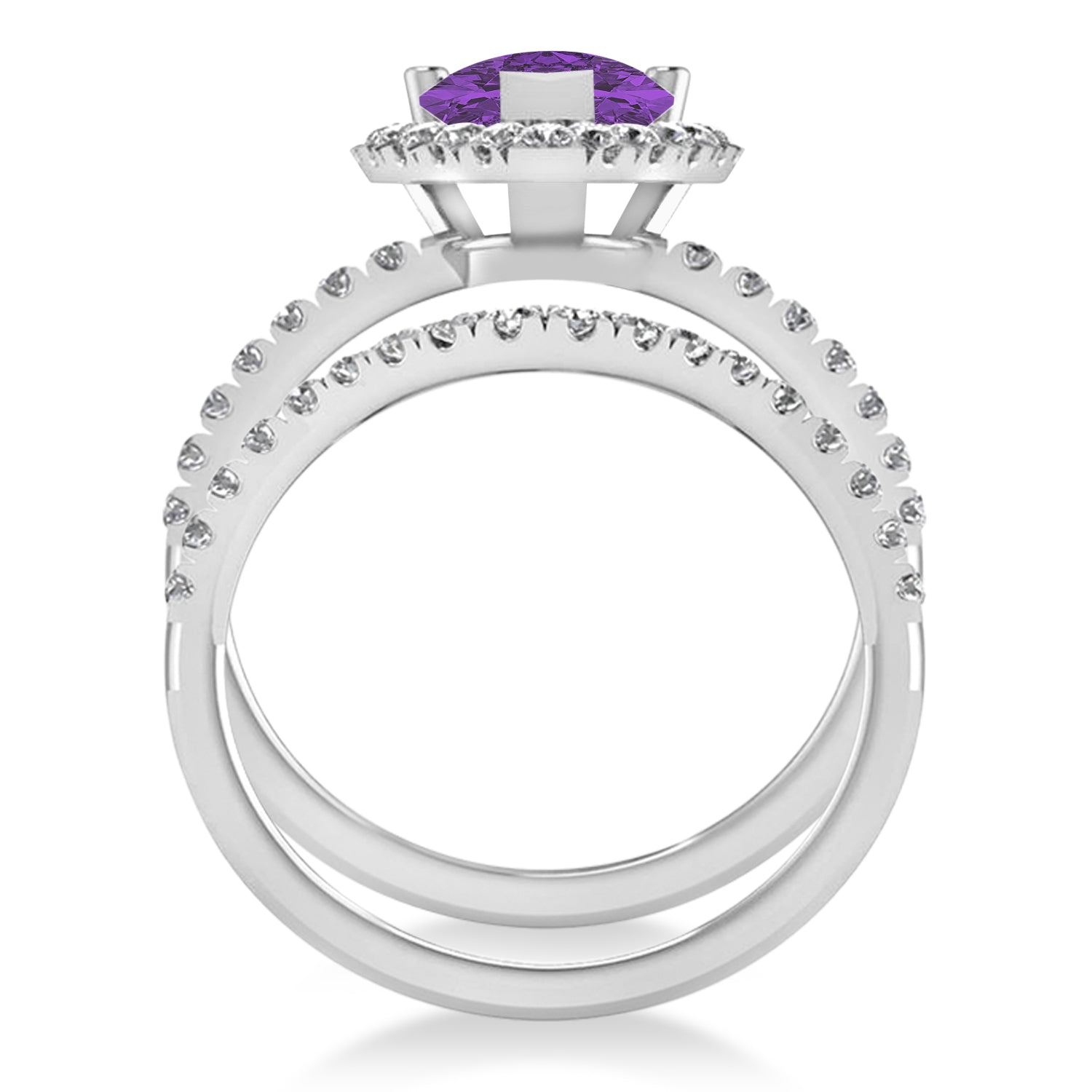 Halo Diamond & Pear Amethyst Bridal Set in 14k White Gold (2.48ct) Front View