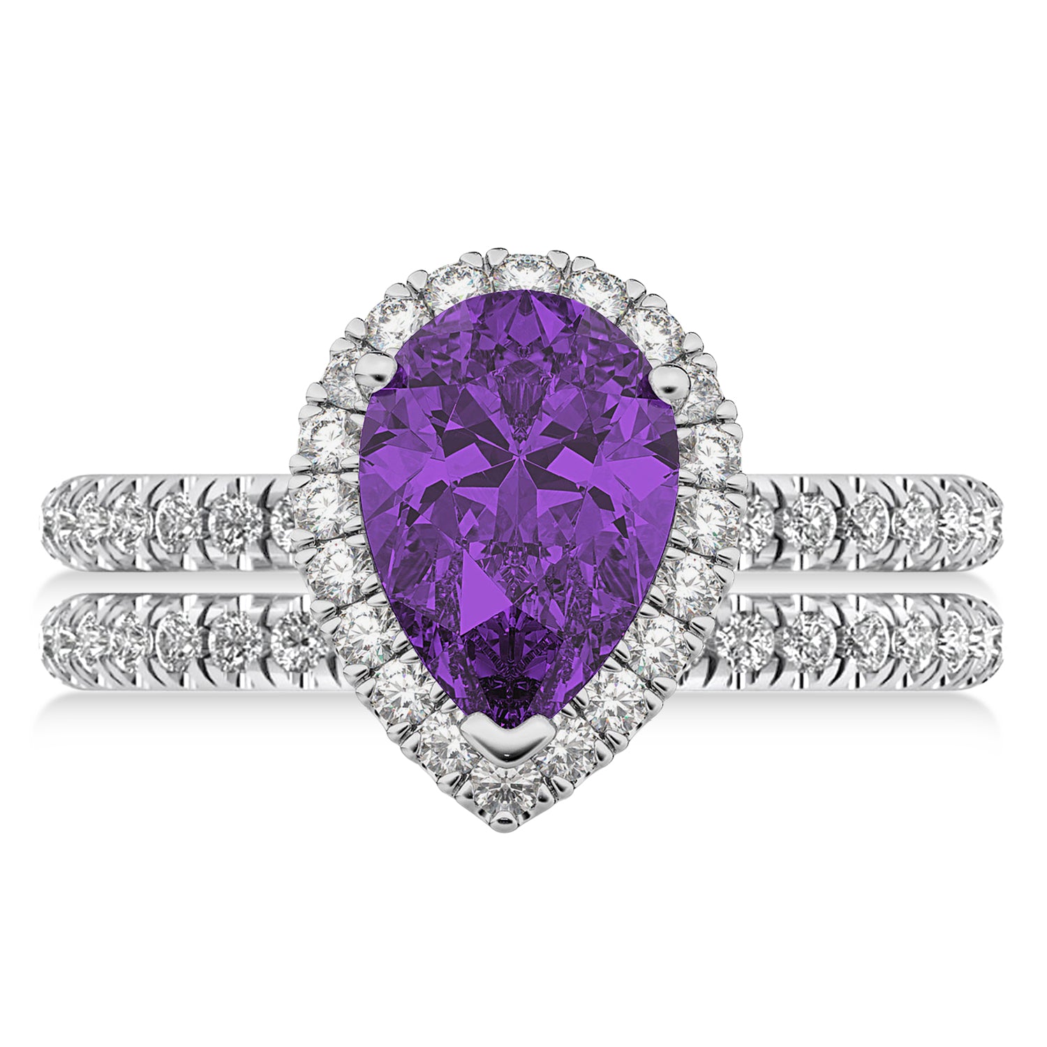 Halo Diamond & Pear Amethyst Bridal Set in 14k White Gold (2.48ct) Flat View