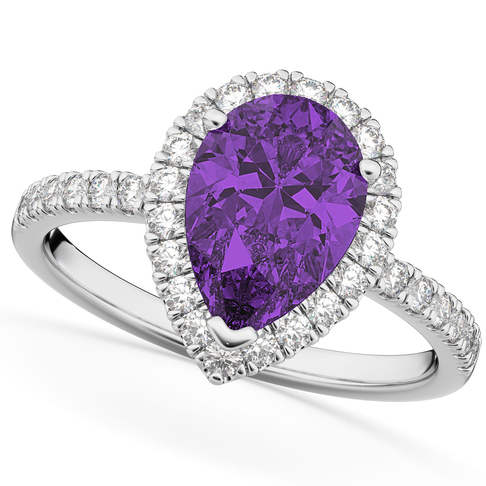 Halo Diamond & Pear Amethyst Bridal Set in 14k White Gold (2.48ct) Top View
