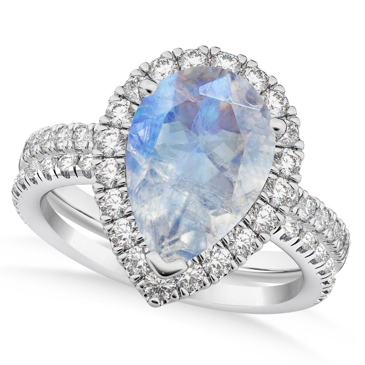 Halo Diamond & Pear Cut Opal Bridal Set in 14K White Gold (2.78ct) Top View