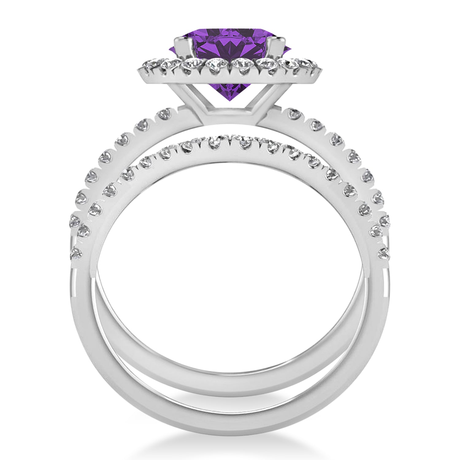 Halo Diamond & Round Amethyst Bridal Set in 14k White Gold (2.57ct) Front View