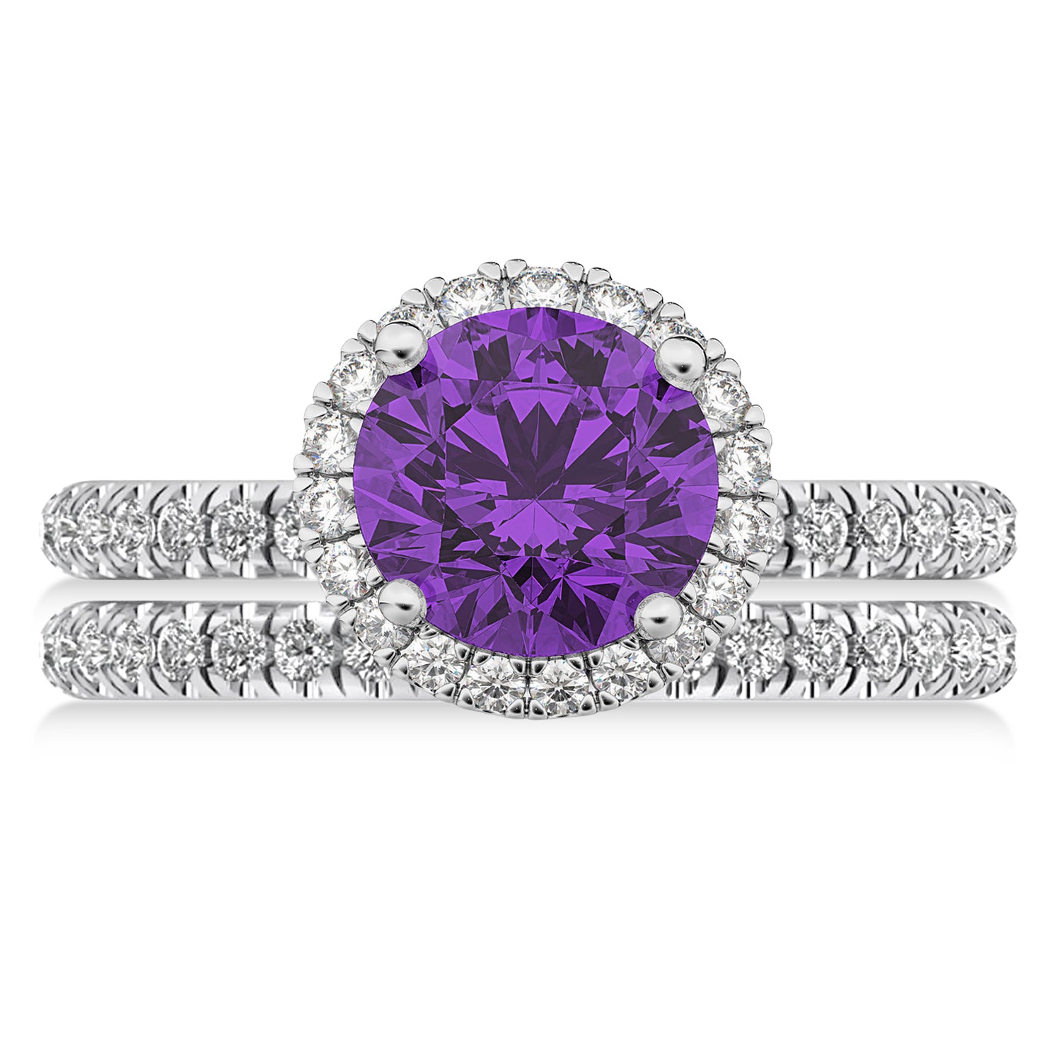 Halo Diamond & Round Amethyst Bridal Set in 14k White Gold (2.57ct) Flat View